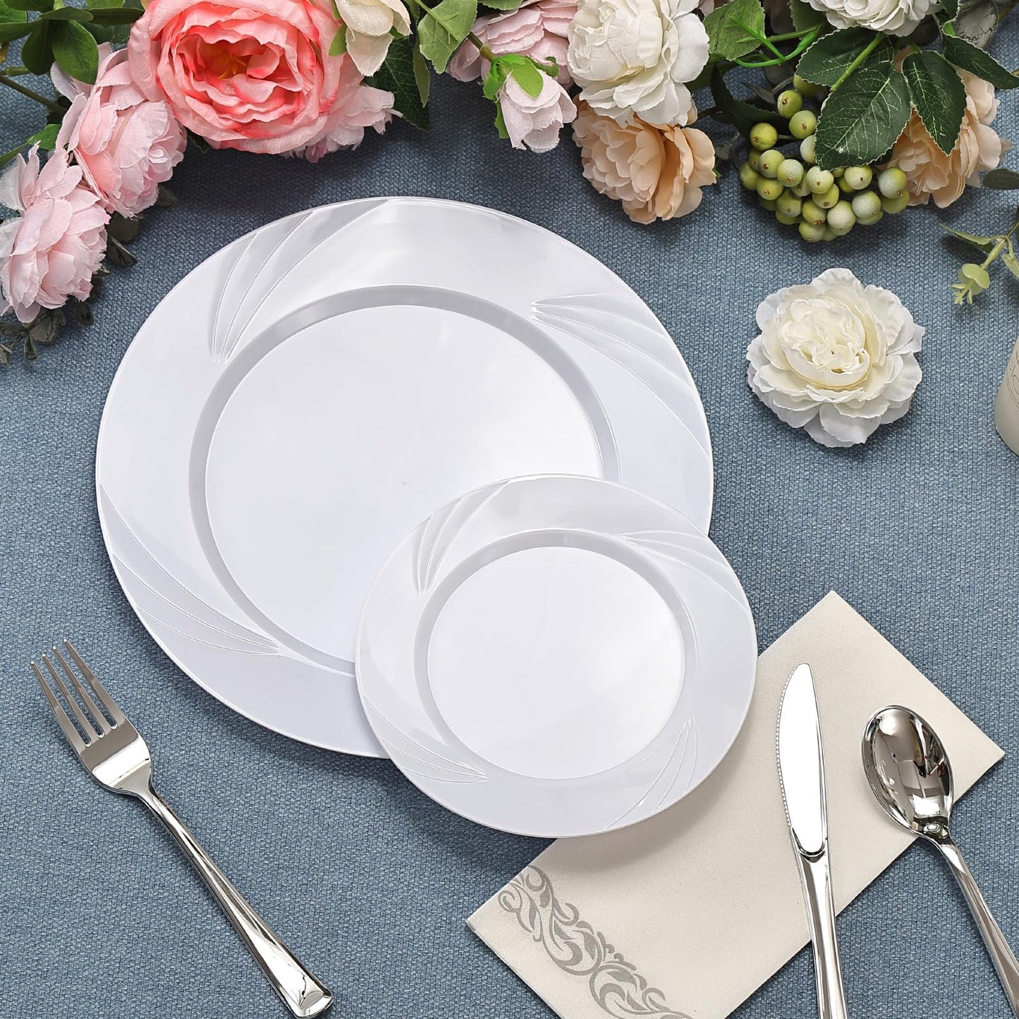 VajilaPhil 350-Piece White Swirls Plastic Dinnerware Set for 50 Guests, Elegant Disposable Dinnerware for Party, Wedding. Includes 10.25" Dinner Plates, 6.5" Dessert Plates, Silverware, Napkins, Cups
