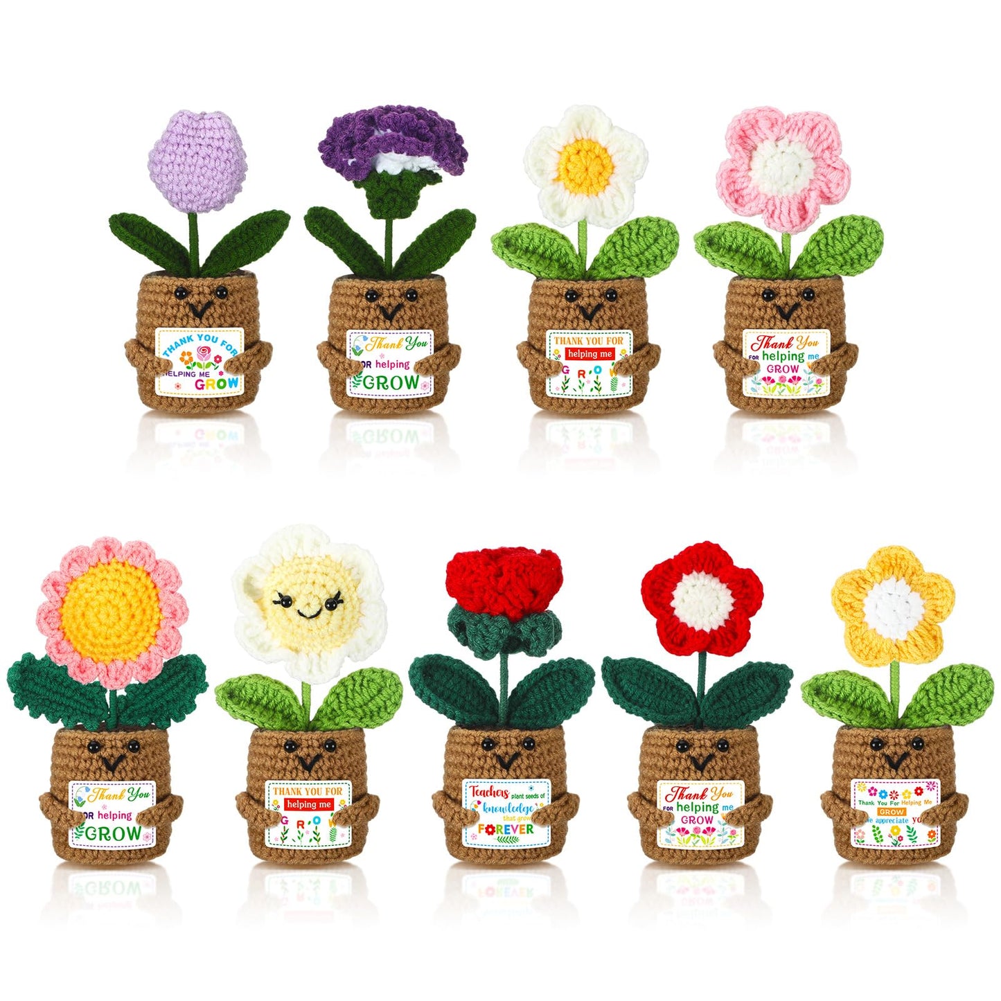 Daifunli 10 Pcs Appreciation Gifts for Teacher, Thank You for Helping Me Grow, Crochet Potted Plants with Card Crochet Flowers for Teacher Graduation End of Year from Students