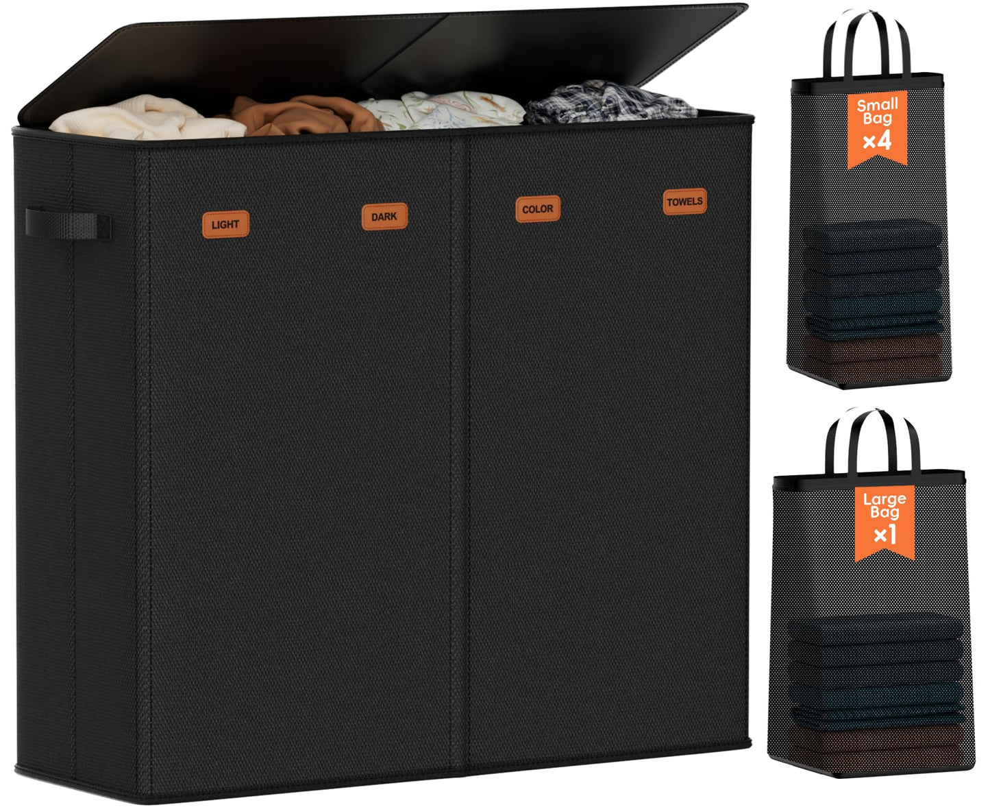 Vexalora Laundry Hamper 4-Section with Lid, 185L Laundry Sorter with 4 Removable Bags + 1 Extra Large Bag, Switchable 3/4 Compartment, Laundry Basket Organizer for Bedroom, Laundry Room，Black