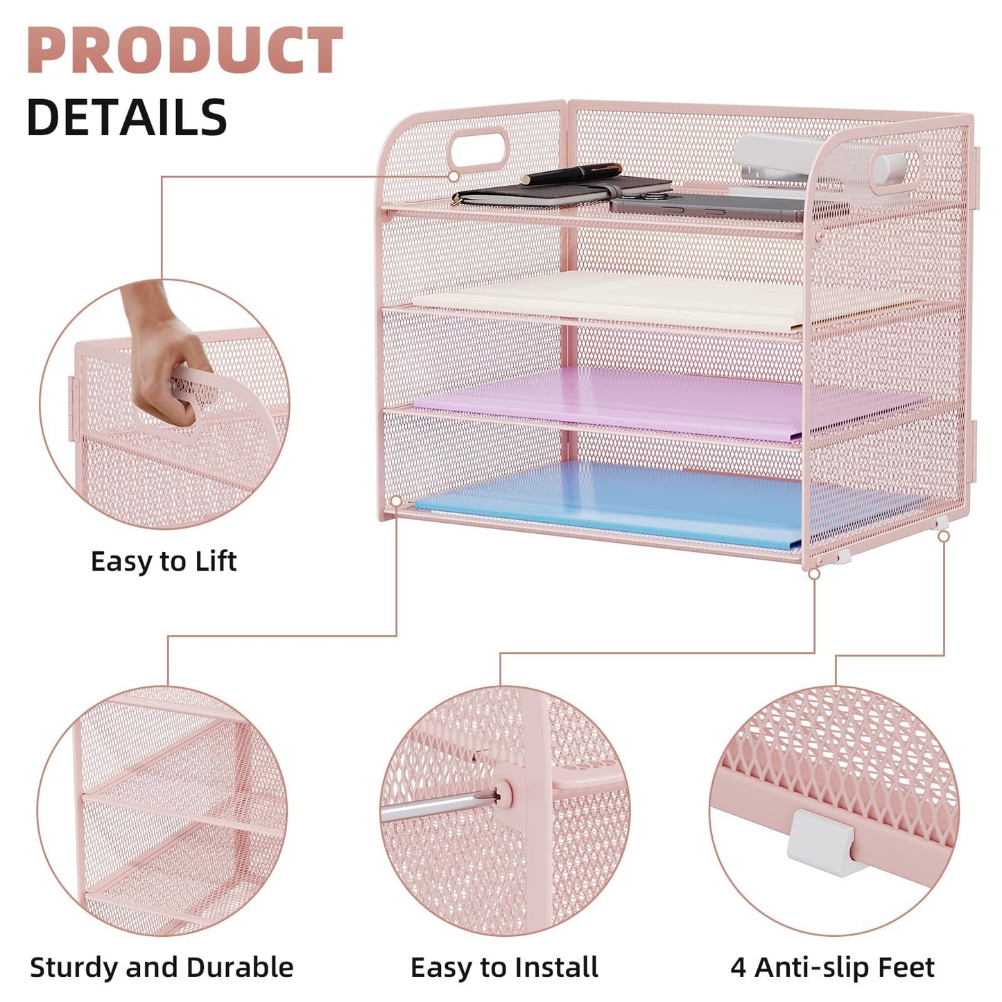 Marbrasse 2 Pack 4 Tier Paper Organizer Letter Tray - Mesh Desk File Organizer with Handle, Paper Sorter Organizer for Letter/A4 Office File Folder Holder (Pink, 12.6" x 9.1" x 10.7")