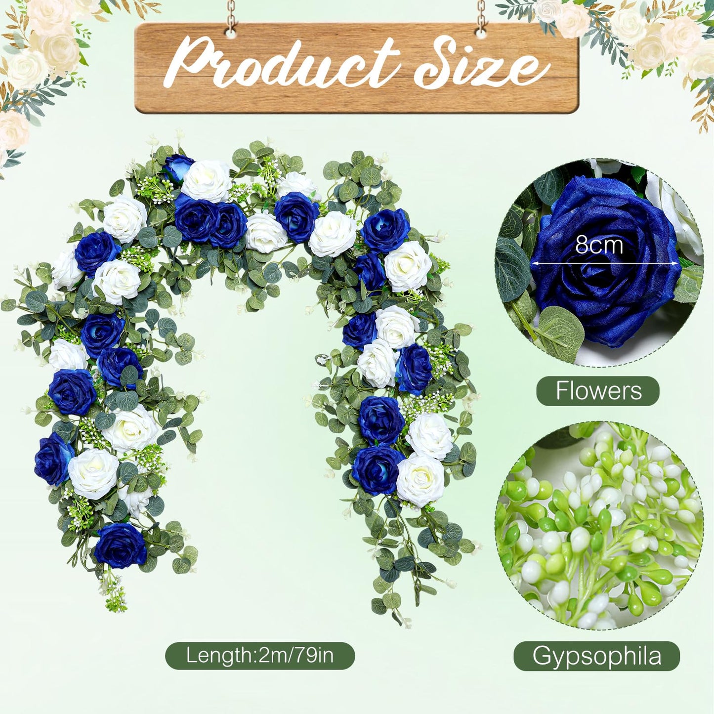Riceshoot 4 Pcs 26 ft Artificial Eucalyptus Vines Garland with Flowers Faux Floral Greenery Garlands Rose Wreath for Wedding Party Arch Table Decor Backdrop Decorations (Blue and White)