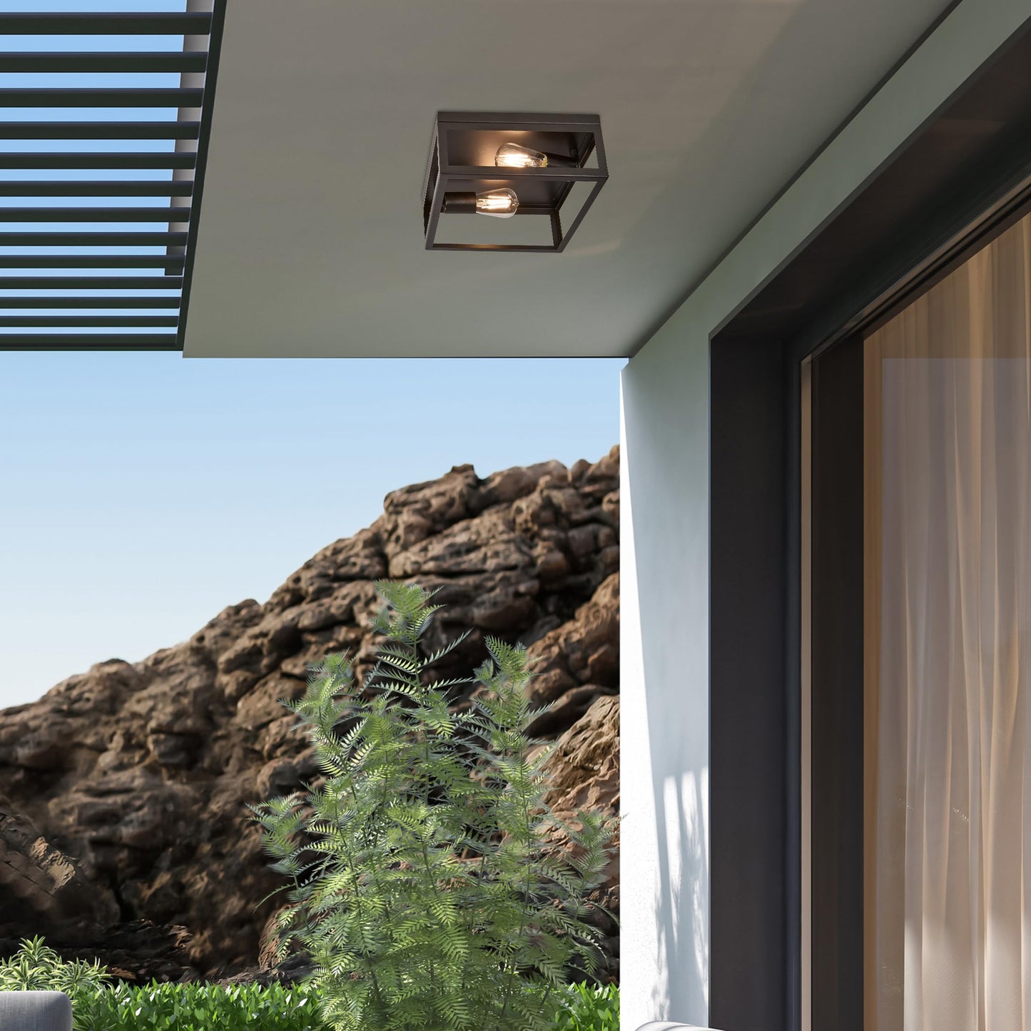 Maxxima Indoor/Outdoor Flush Mount Ceiling Light Fixture, 2-Light Square Farmhouse Close to Ceiling Entryway Light, Black, Bulbs Not Included