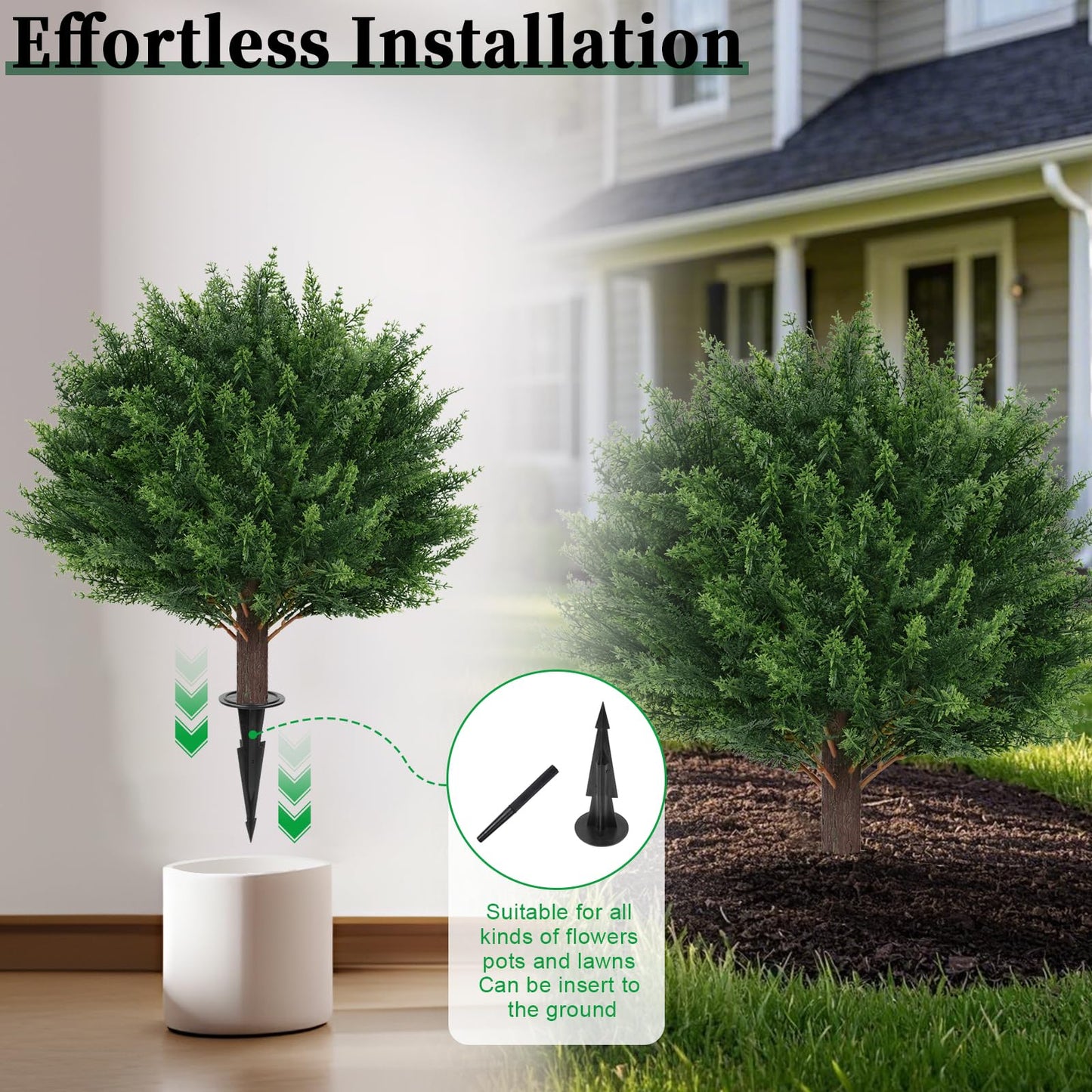 EverNature 2Pack Artificial Cedar Topiary Ball Trees, 16'' UV Resistant Fake Evergreen Shrubs Bushes Plants with Ground Spike Fake Plants for Outdoor Indoor Front Porch Garden