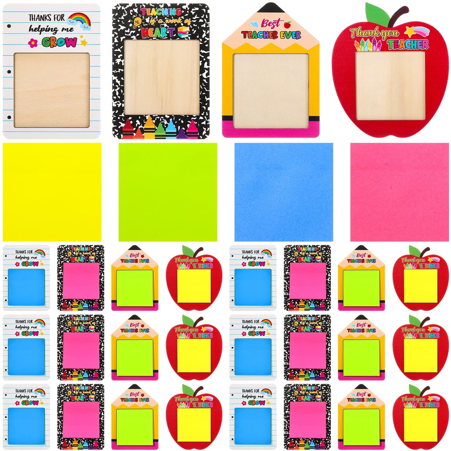 Epakh 24 Sets End of Year Teacher Gifts Bulk Sticky Note Pad Holder with Sticky Notes Thank You Teacher Appreciation Gifts Pencil Apple Composition Notebook Design for Graduation Coworker Employee