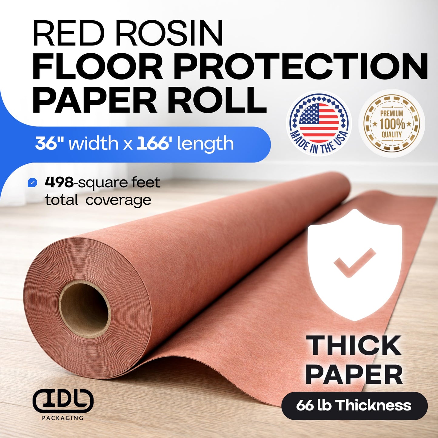 Red Rosin Masking Paper 36" x 1992" (166 feet, 498 sq.ft.) – Thick Floor Covering (66 lb Thickness) - USA-Made Masking Paper for Painting and Construction, Surface Protection by IDL Packaging