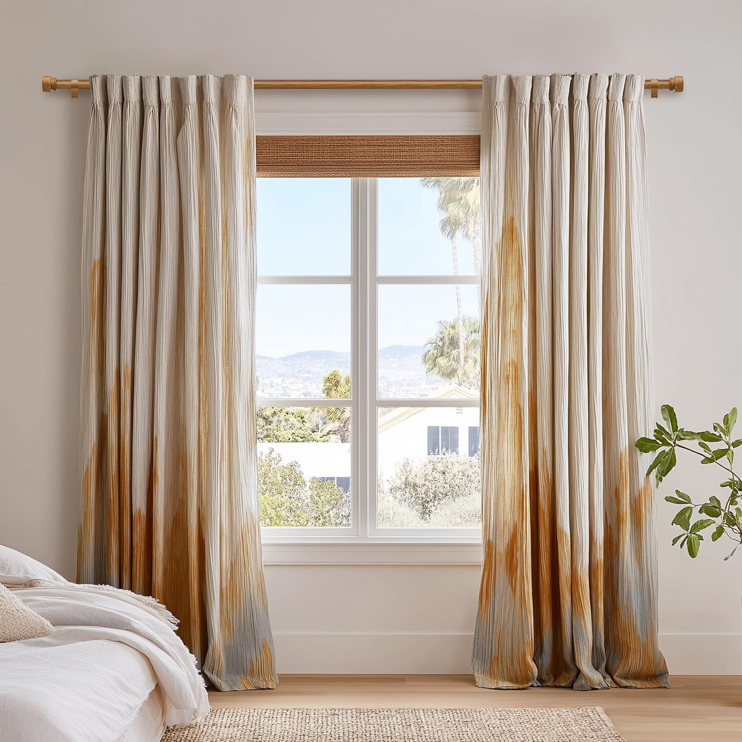 Lootkell Wood Curtain Rods for Windows 66 to 120 Inches 1" Diameter Boho Decorative Heavy Duty Long Window Curtain Rod Adjustable with Handmade Wood Grain Design for Living Room Bedroom Kitchen