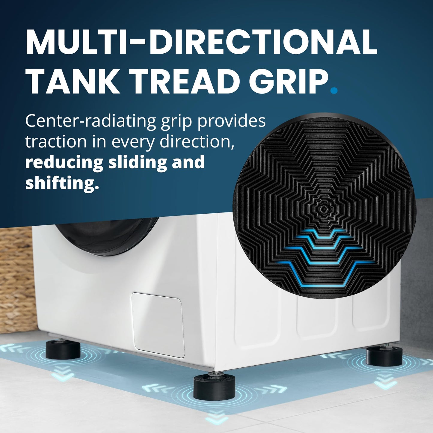 Anti Vibration Pads for Washing Machine with Tank Tread Grip - 8 Pack + Level - Fits MOST Round Feet up to 1.75” - Stops Washer Dryer from Moving - Rubber Antivibration Stabilizer for Leveling Washer