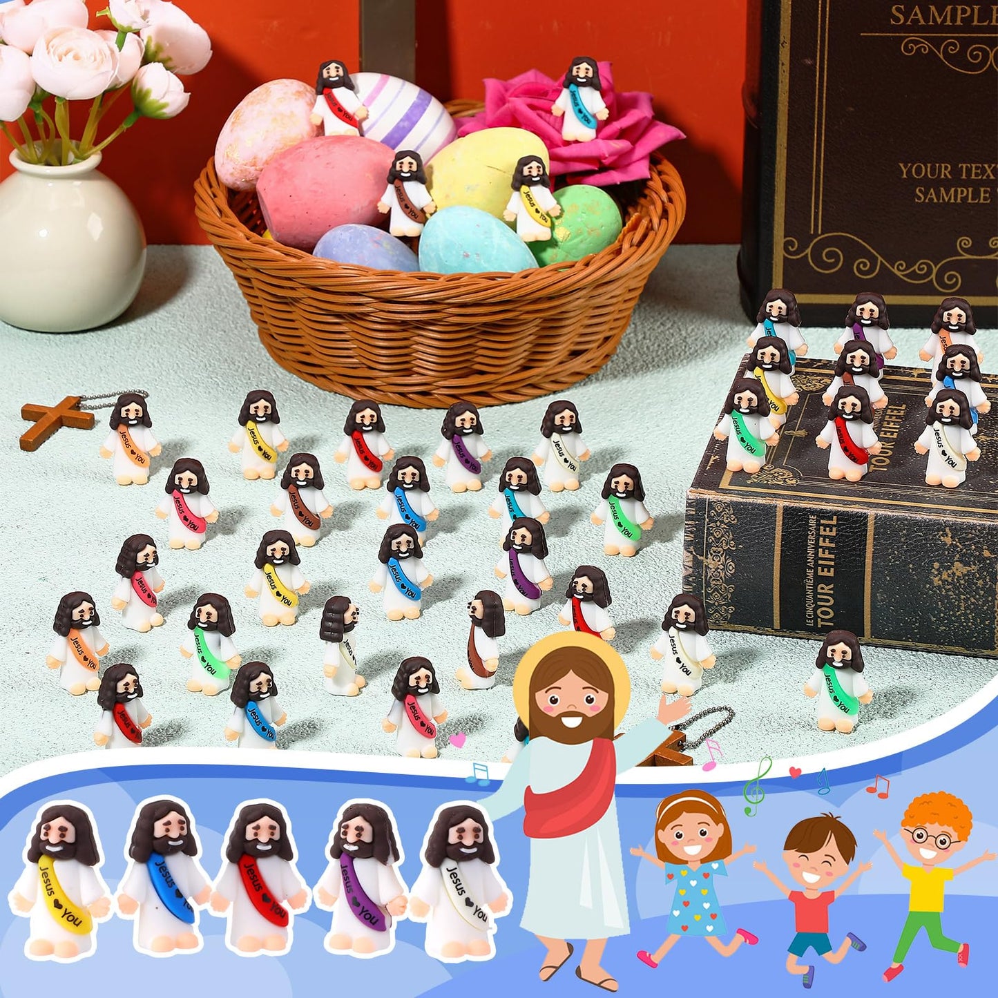 Bememo 100 Pcs Little Jesus Figures Jesus Loves You Original Design Pocket Rubber Little Figures to Hide and Seek Sunday Religious Party Share Easter Gifts(Vibrant Color)