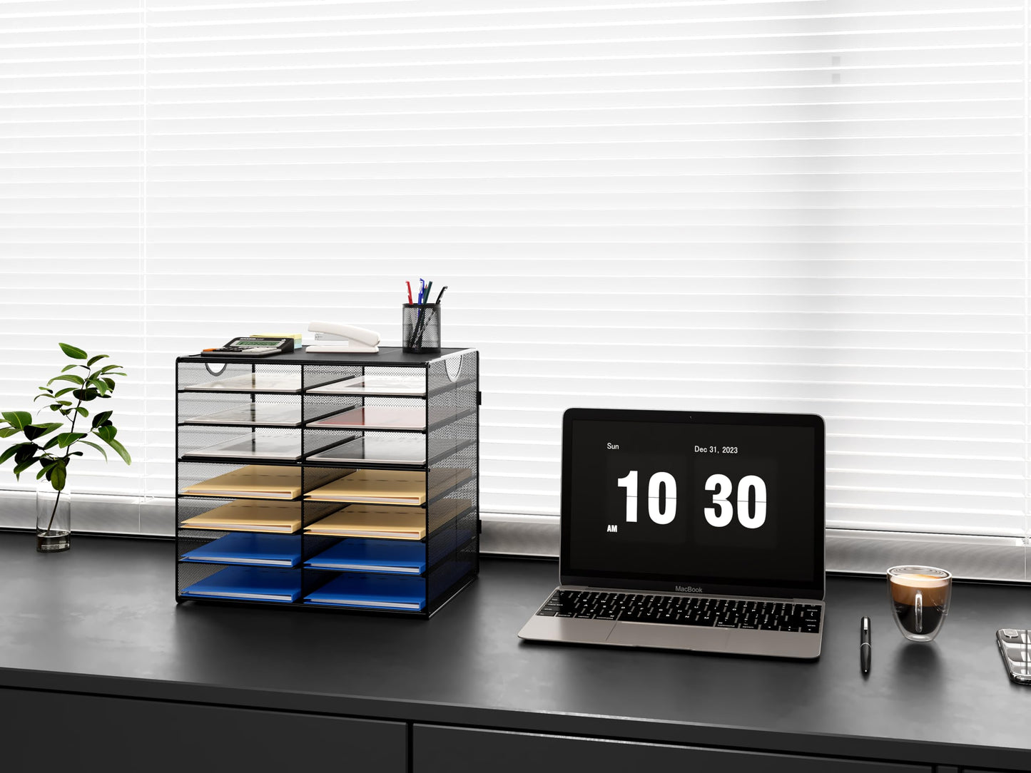 EasyPAG Paper Trays for Classroom 14 Tier Mesh Desk Organizer Shelves with Handle A4/Letter Size File Folder Organizer Shelf for Office, School, Home, Black