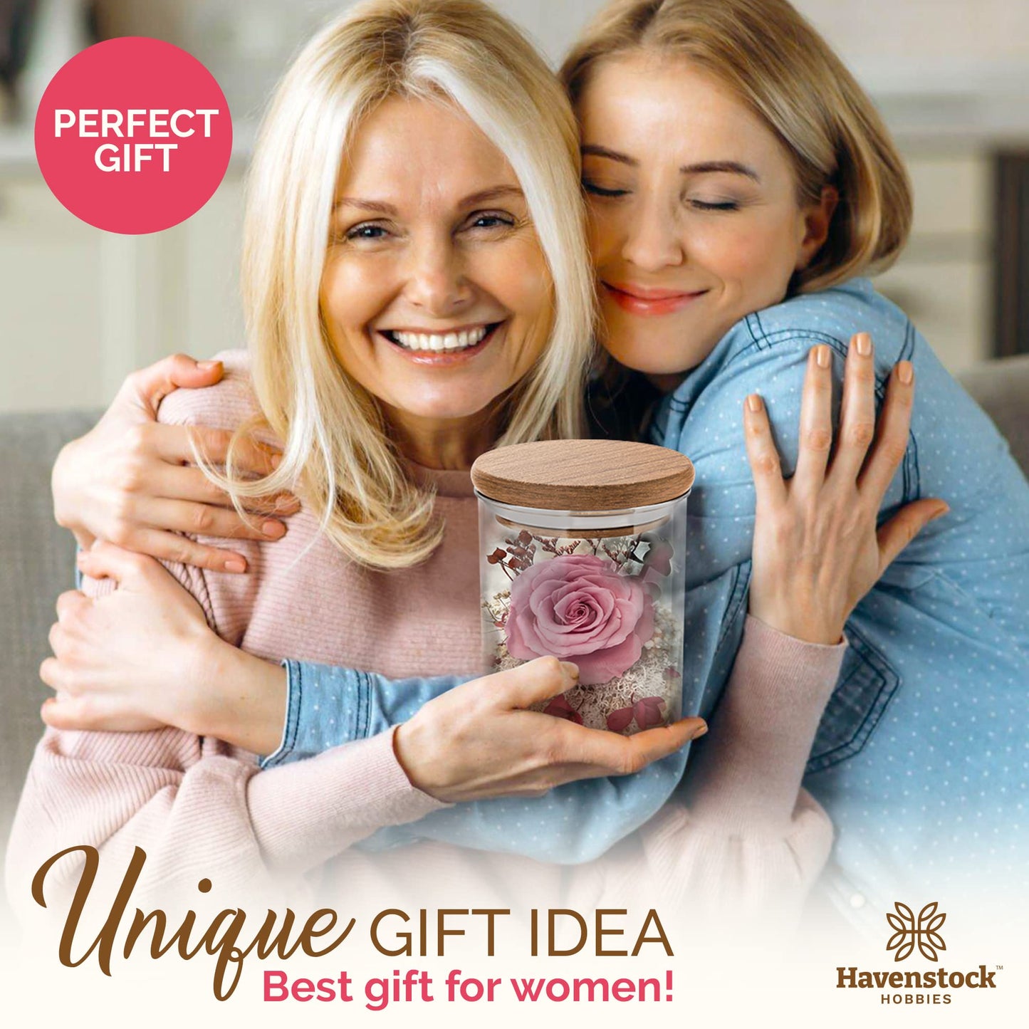 Havenstock Pink Rose in a Glass Dome - Premium Real Rose That Lasts a Year or More - Mother's Day Unique Gift for Her - Preserved Rose Decor