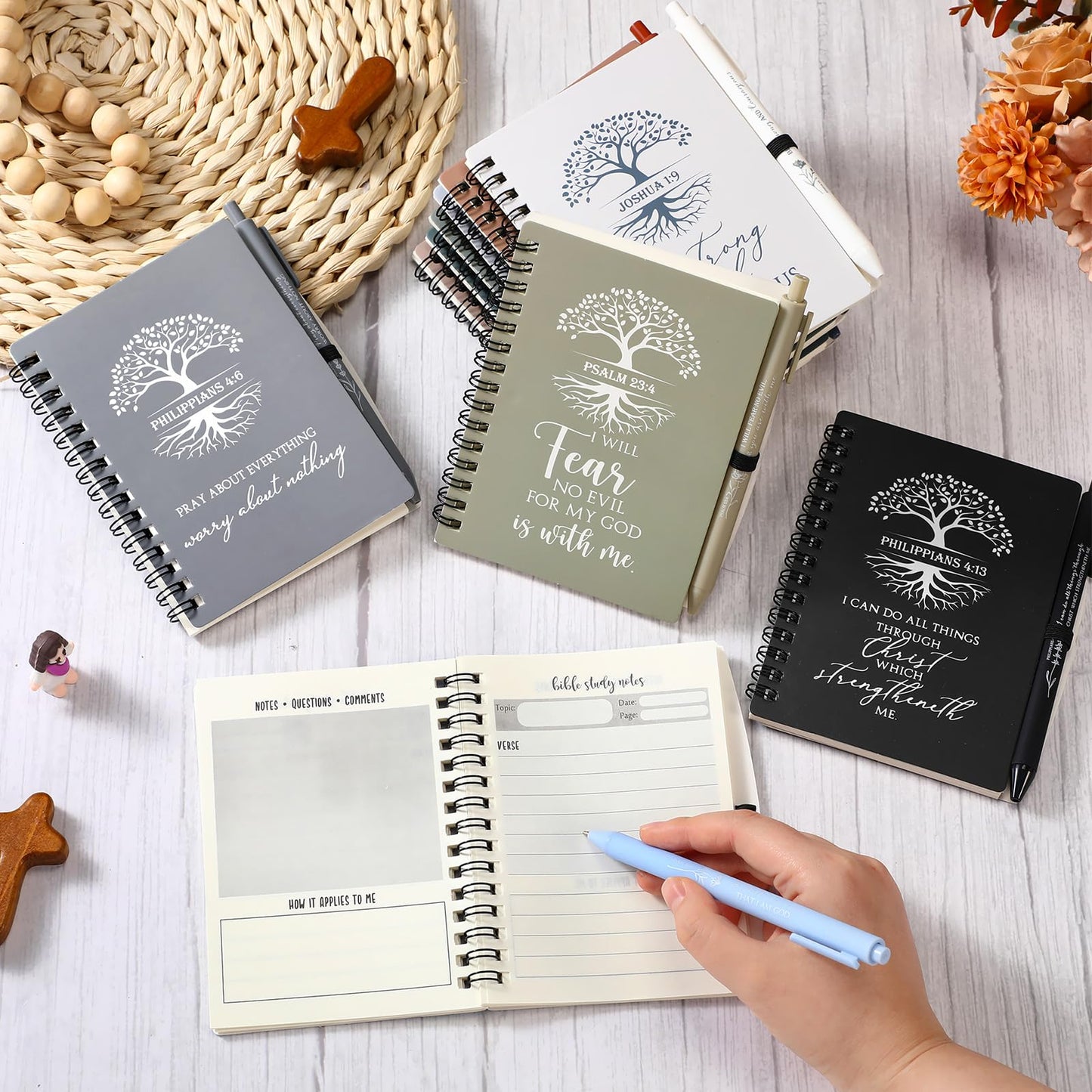 Kosiz 80 Pcs Fathers Day Christian Gifts Bulk Prayer Journal Bible Verse Religious Spiral Notebook with Pen Tree of Life Scripture Notepad Church Gifts for Women Men Bible Study Group (Boho Color)