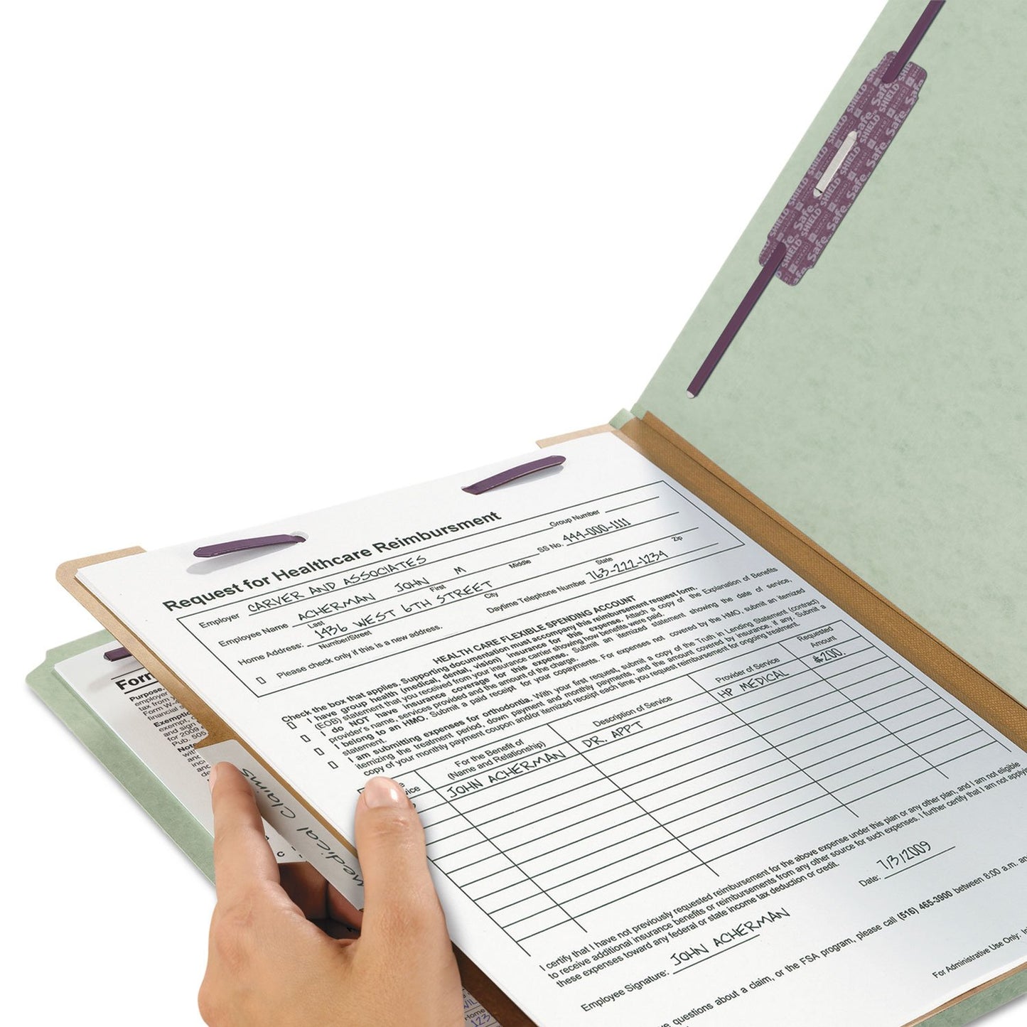 Smead Pressboard Classification File Folder with SafeSHIELD Fasteners, 1 Divider, 2" Expansion, Letter Size, Gray/Green, 10 per Box (13776)