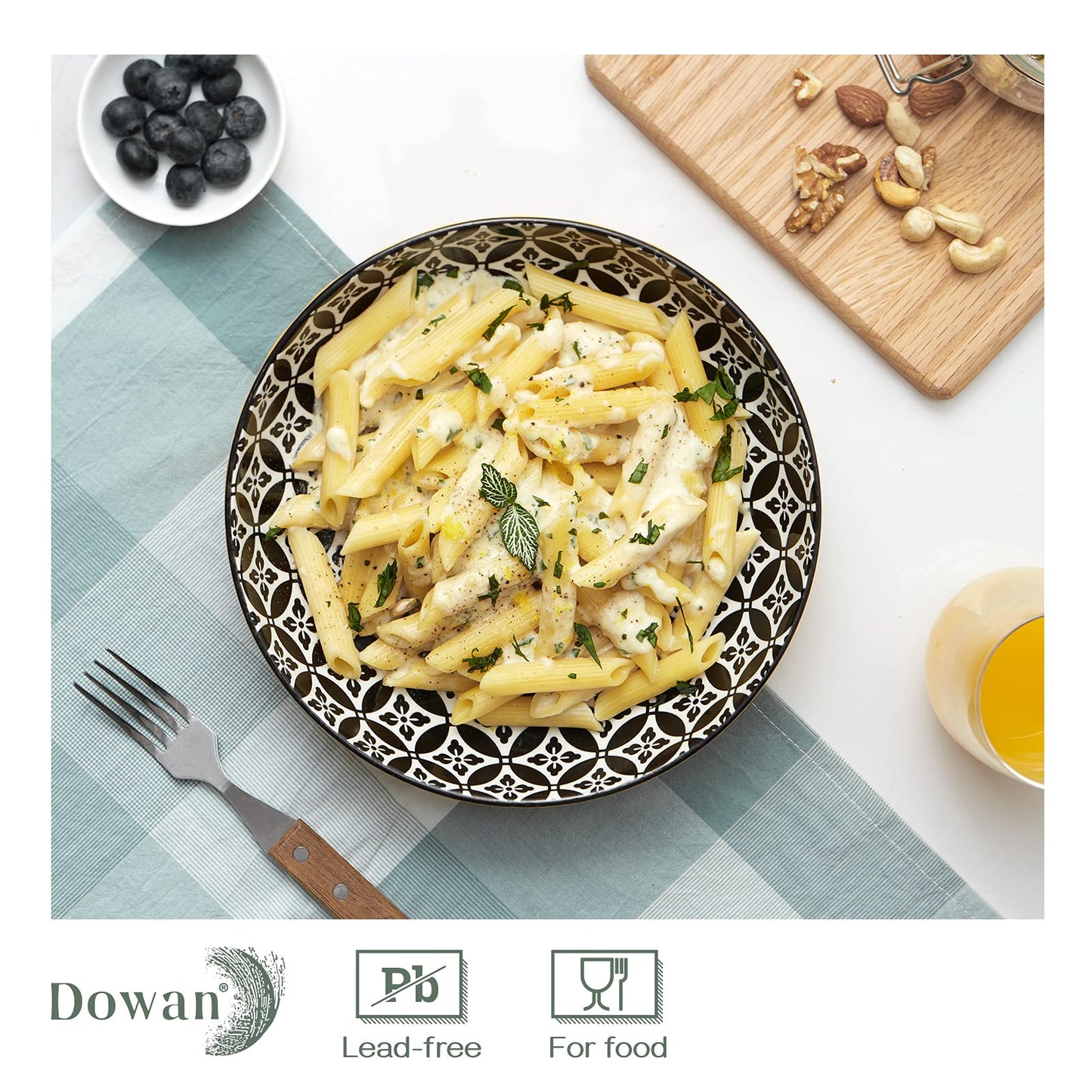 DOWAN 8.5" Vibrant Pasta, Salad & Soup Serving Bowls Set of 4, Embossed Large Porcelain Ceramic, Microwave, Oven & Dishwasher Safe, Bonita Design Perfect for Daily Dining, Family Gatherings, Party