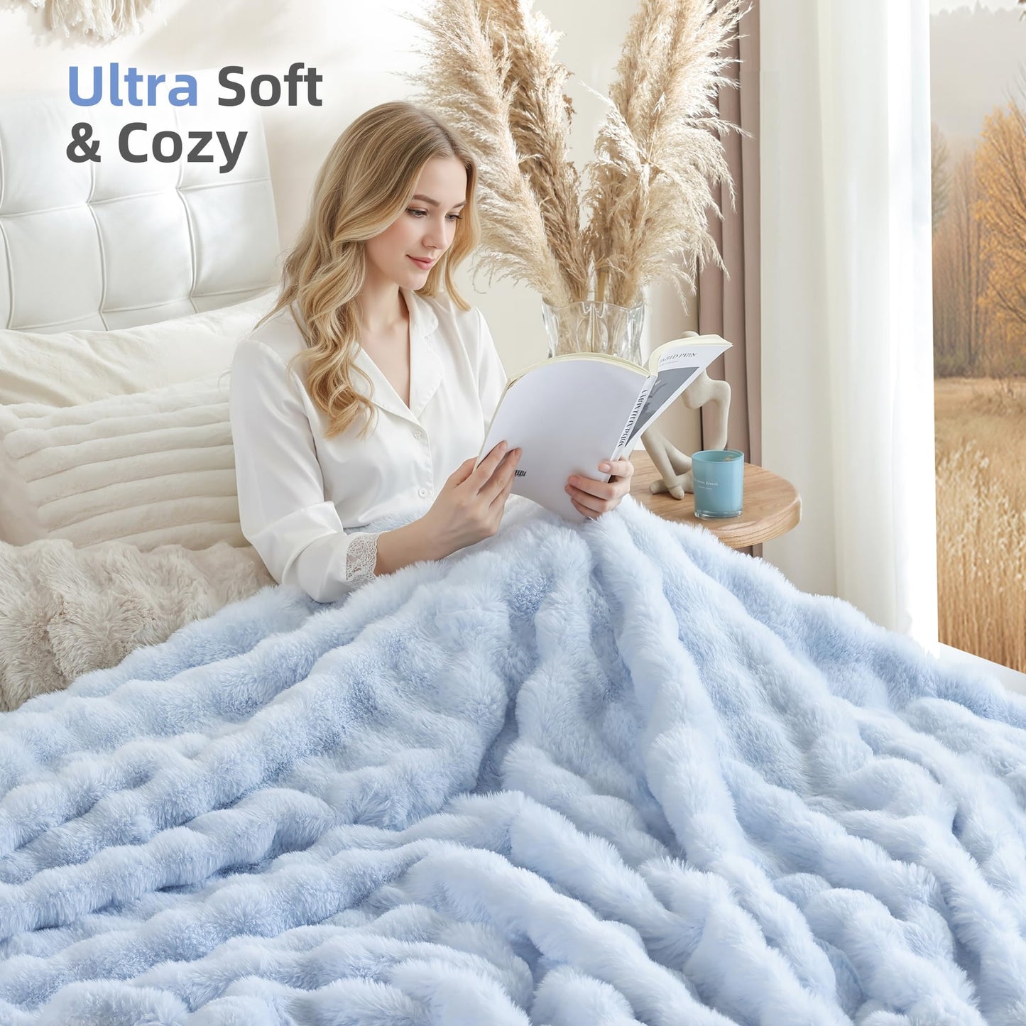 Smoofy Faux Fur Throw Blanket for Couch - Light Blue Super Soft Cozy Bubble Blanket, Fluffy Plush Fuzzy Throw for Sofa & Bed, Thick Lightweight Warm Blanket, Luxury Aesthetic Gift for Women 60"x80"