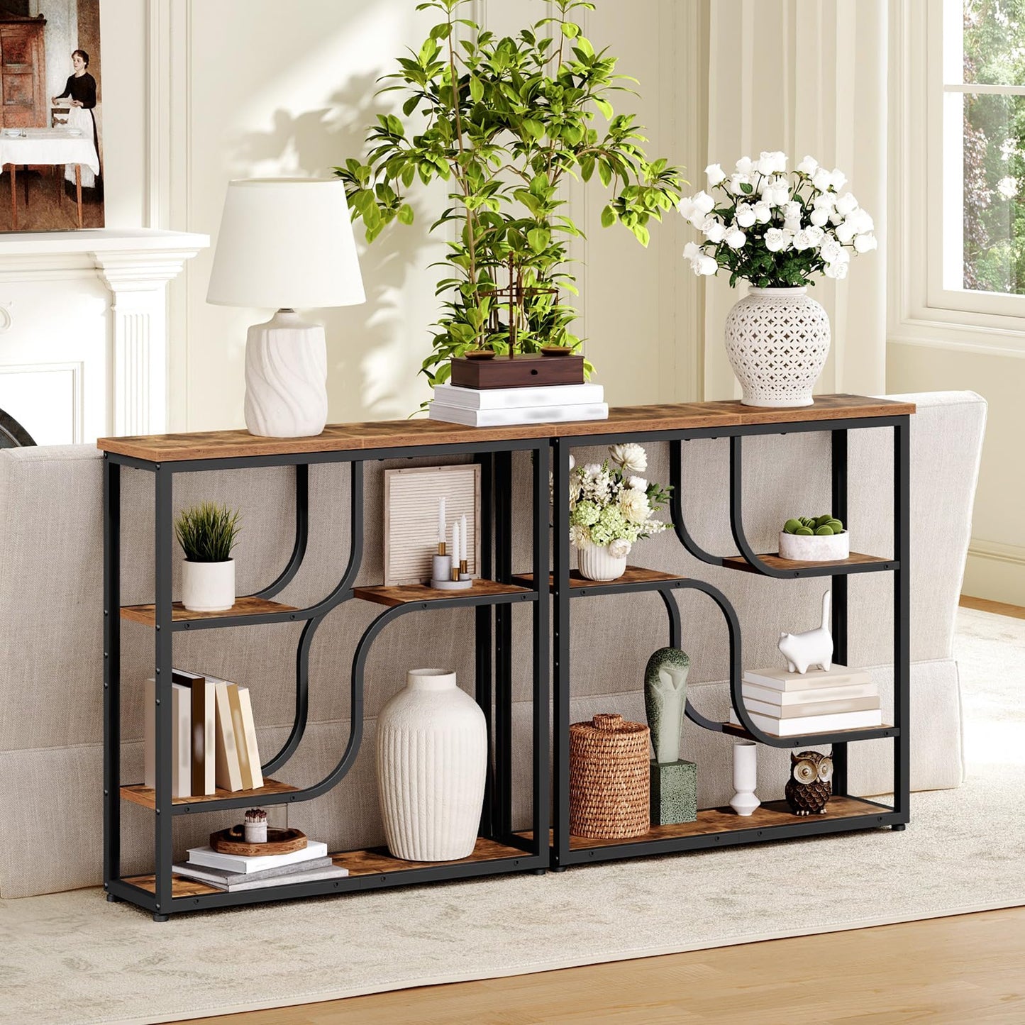 HOOBRO 29.5" Console Table, 5-Tier Narrow Entryway Table, Behind Couch Table with Storage Shelves, Sofa Table for Hallway, Living Rooms, Entryway, Rustic Brown and Black BF69XG01