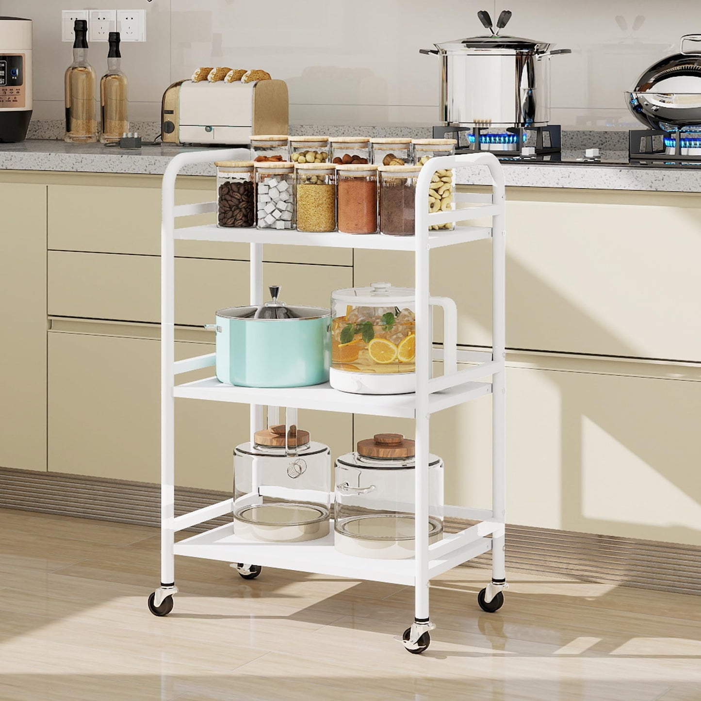 DCLRN 3 Tier Rolling Cart,Storage Organizer Cart,Multifunctional Storage Shelves,Rolling Metal Organization Cart with Handle and Lockable Wheels,for Home,Office,Kitchen,Bathroom(White)