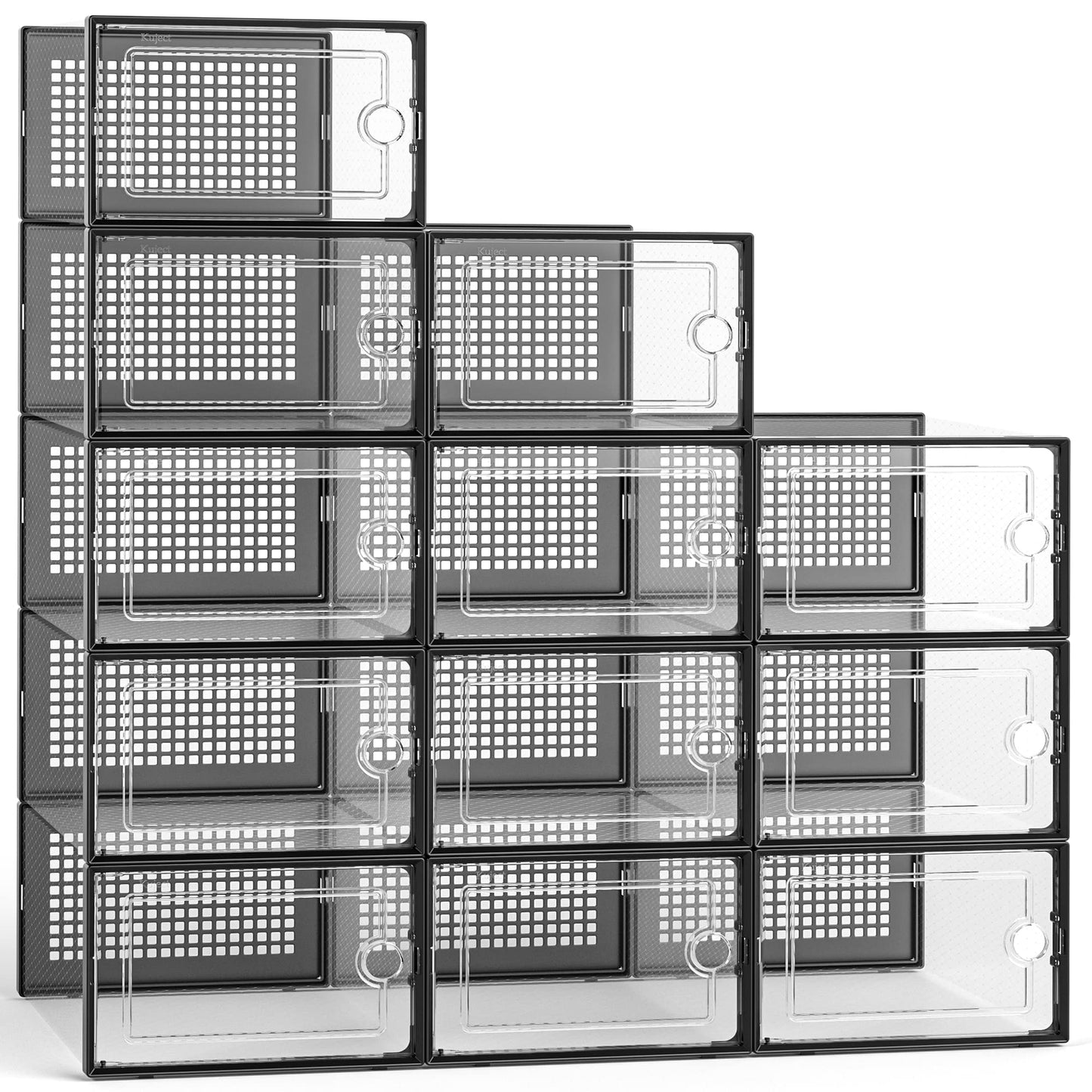 Kuject Large Shoe Organizers Storage Boxes for Closet, 12 Pack Clear Plastic Stackable Storage Bins with Lids, Under Bed Shoe Containers for Entryway, Drop Front, Fit up to Women's Size 10,Black