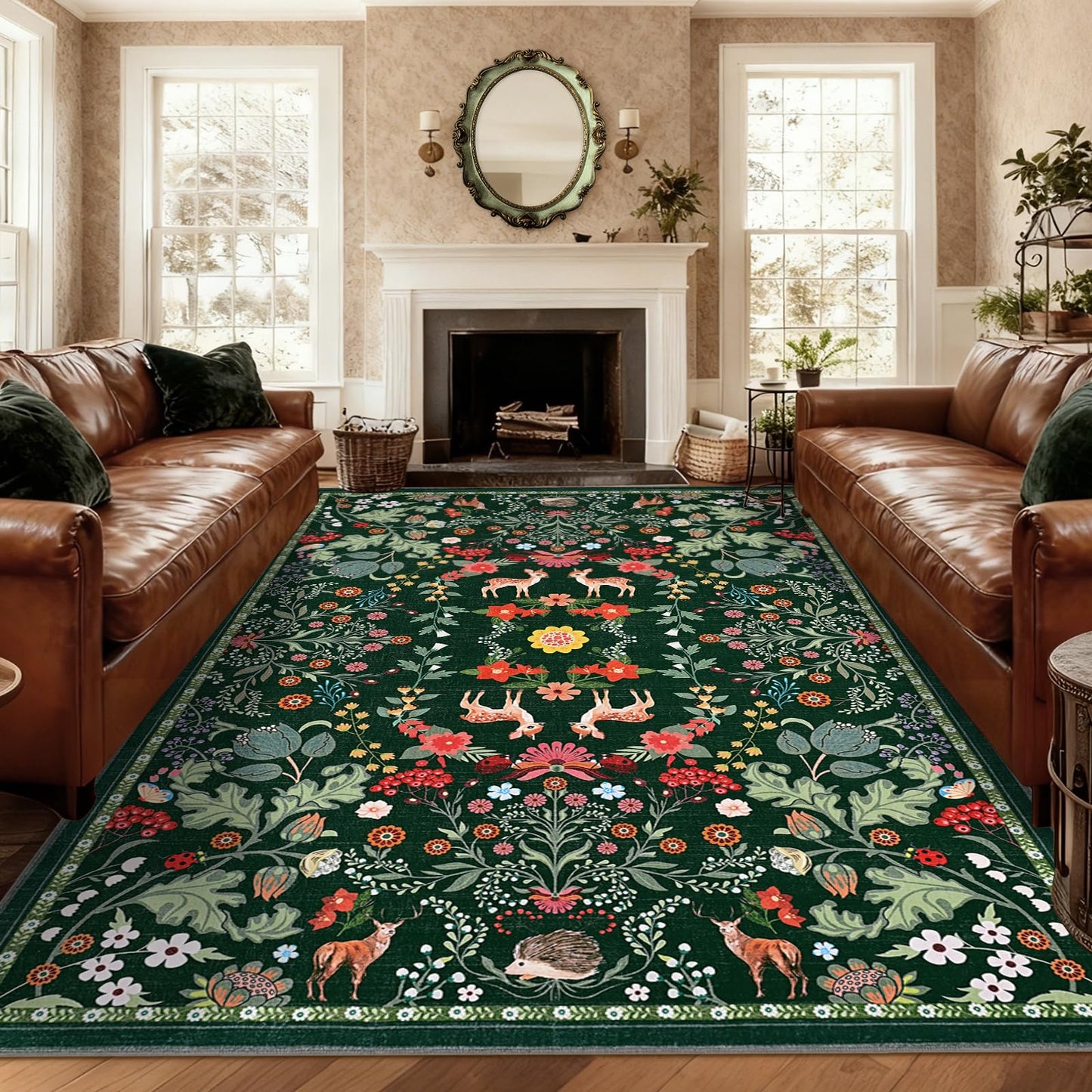 Yinhua 8x10 Area Rugs Floral Washable Rugs for Living Room Green Rug Non Slip Soft Low Pile Faux Wool Botanical Throw Rug for Bedroom, Dining Room, Office, Home Decor, Green