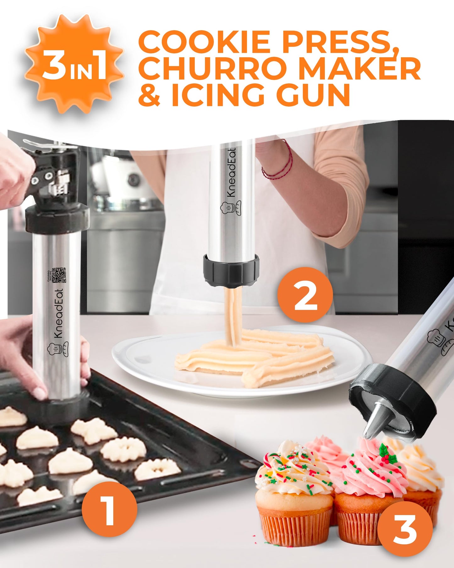 KneadEat Premium 68pc Churro Maker - Spritz Cookie Press Gun Kit - Icing Gun. 12 Cookie and Churro Discs. 48 Icing Tips. XL Filler. Piping Bag. Brushes. For Churros, Cookies and Cake Decorating.
