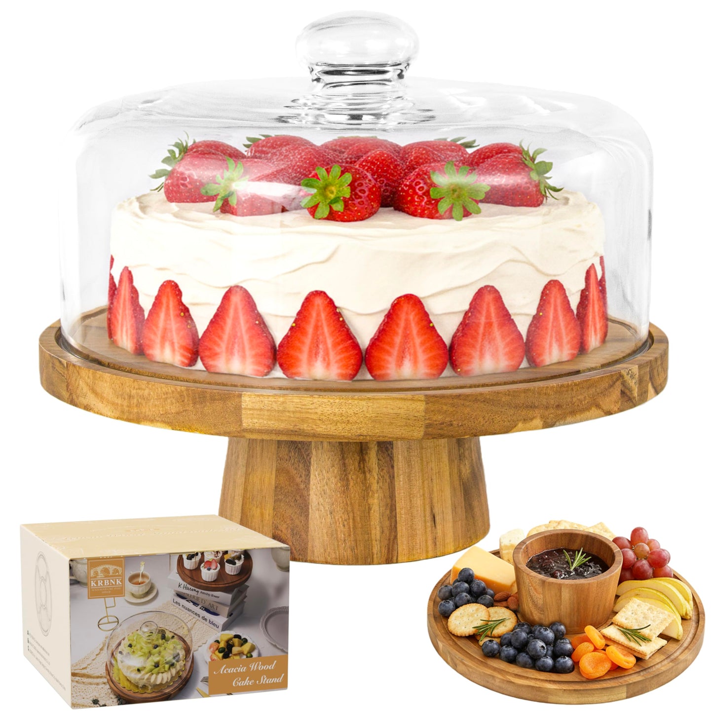 Krbnk Acacia Wood Cake Stand with Lid, 12" Wooden Cake Holder with Glass Dome Cover, 2-In-1 Round Cake Stand Dessert Table Display Set & Charcuterie Board for Weddings, Parties, Bakeries