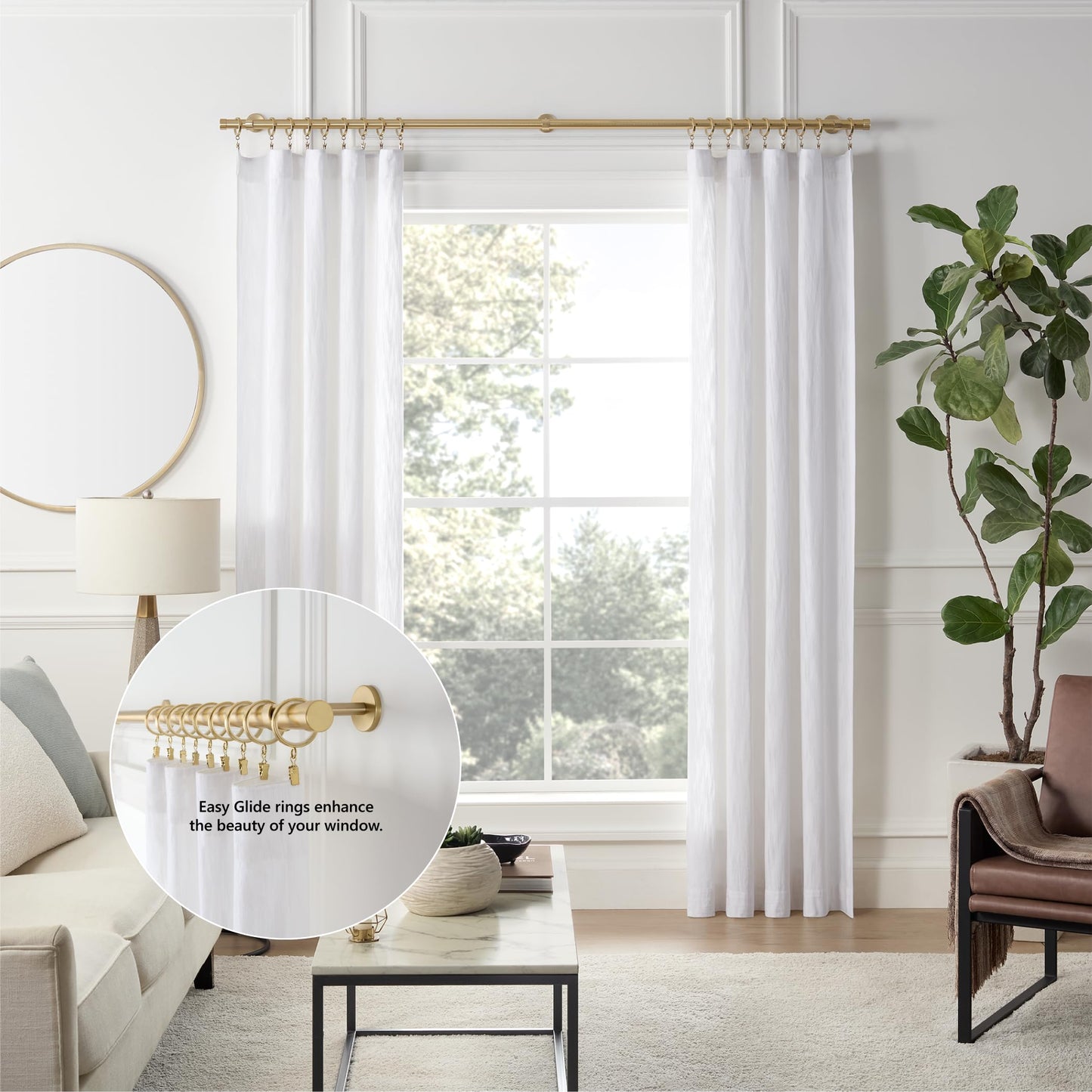 MODE Cambria Designer Series - Premium Easy Glide 18 Count Curtain Rings - Metal with Smooth, Quiet Nylon Inserts with Clips - 2 inch Diameter (1-5/8 inch Inside Diameter) - Brushed Gold