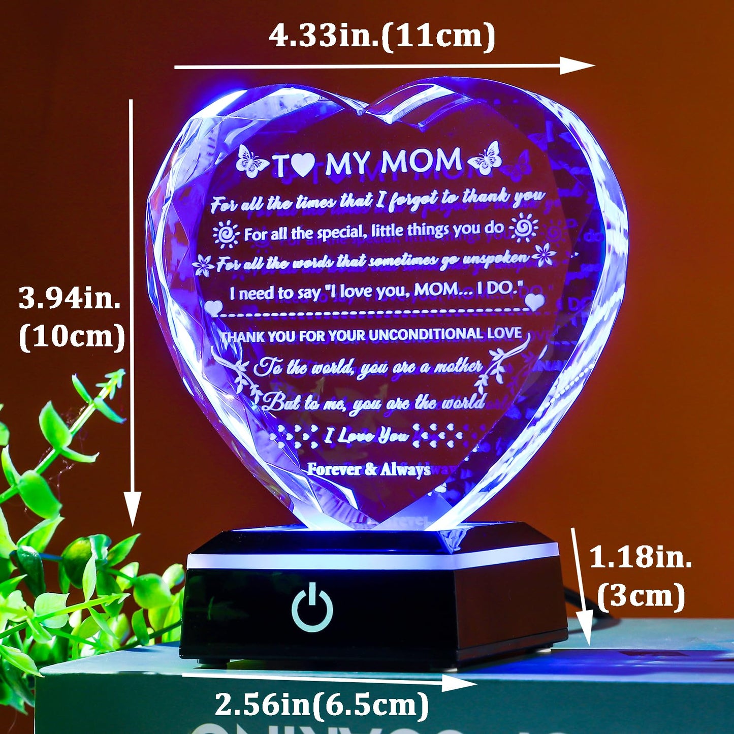 YWHL Gifts for Mom from Daughter Son, Birthday Gifts for Mom Who has Everything, To My Mom Gifts for Mother's Day Crystal Heart Keepsake with LED Base, Present for Mother on Christmas Valentine