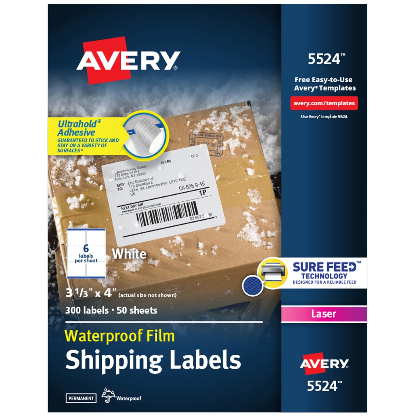 Avery Durable Waterproof Shipping Labels with Sure Feed Technology, 3-1/3" x 4", White, Laser Compatible, 300 Blank Labels Total, Great for Mailing, Branding, and More (5524)
