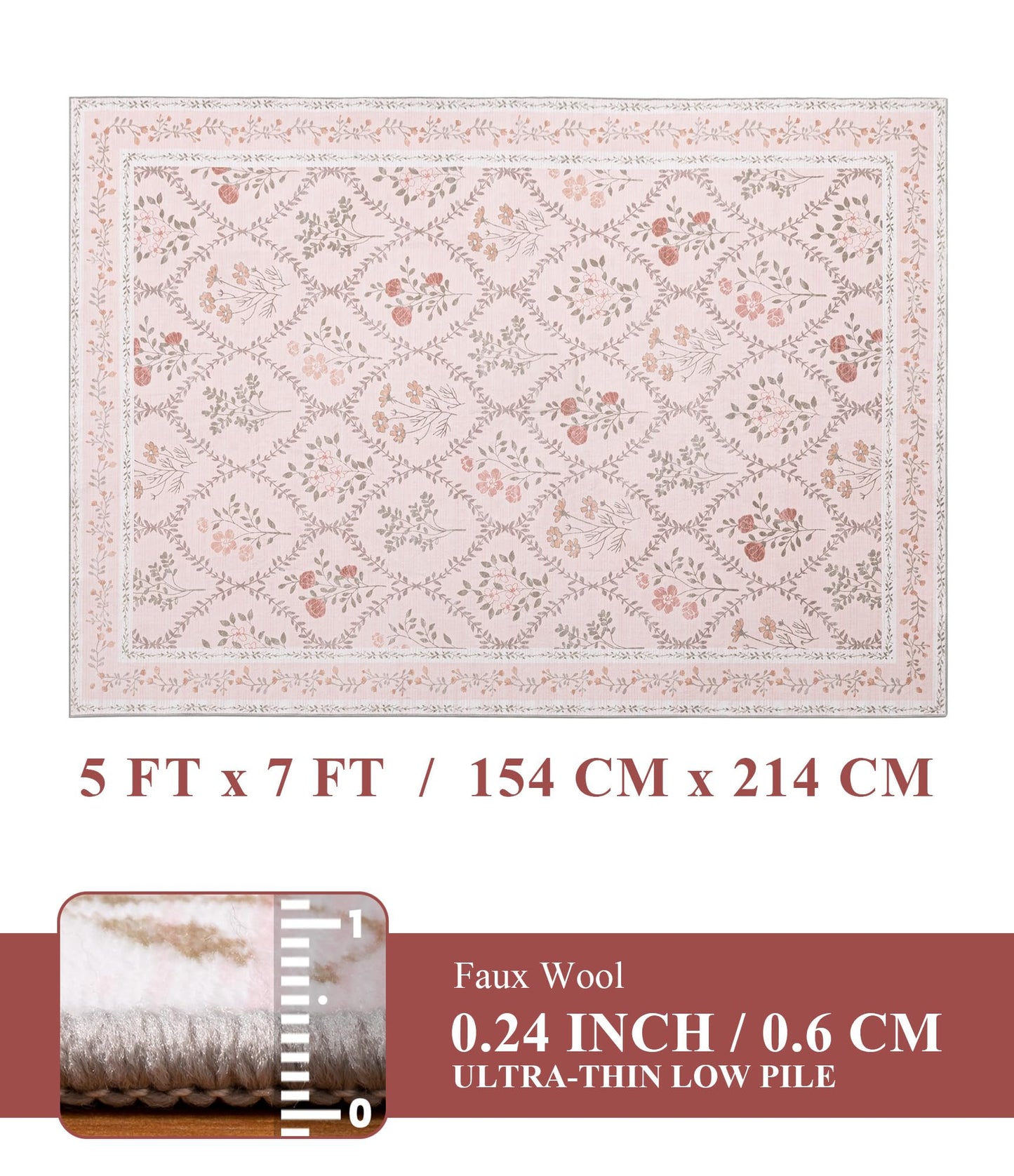 YIHOUSE 5x7 Pink Floral Rug for Bedroom Girls, Washable Area Rugs for Living Room Non Slip Ultra-Thin, Soft Throw Carpet for Nursery, Kids Playroom, Classroom, Home Office Decor