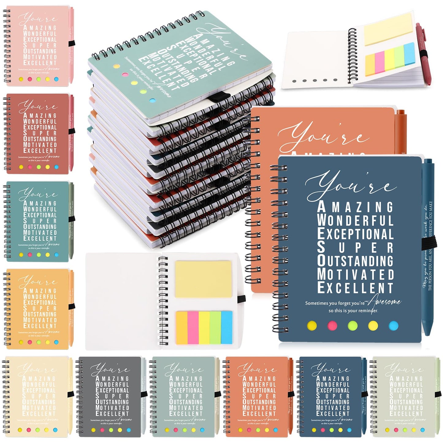 Jetec 25 Sets End of Year Teacher Appreciation Gift Employee Coworker Motivational Spiral Notebooks with Sticky Notes Pens Thank You Gifts for CNA Week Graduation(Bright Color,You are)