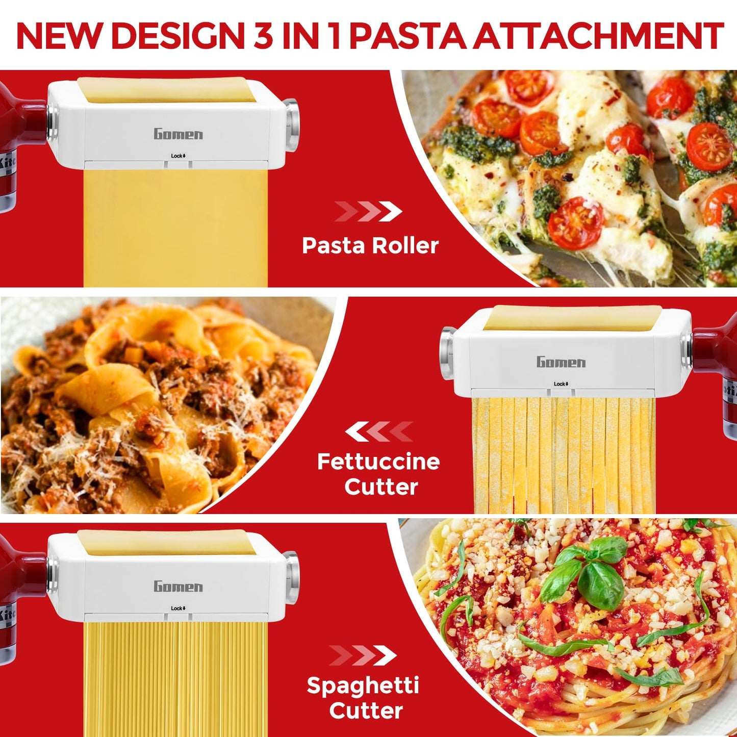3-in-1 Pasta Attachment for Kitchenaid Stand Mixer, Pasta Roller & Cutter Set with Spaghetti & Fettuccine Cutters, Quick Install Pasta Maker Accessories for Home Chefs & Foodie Gifts