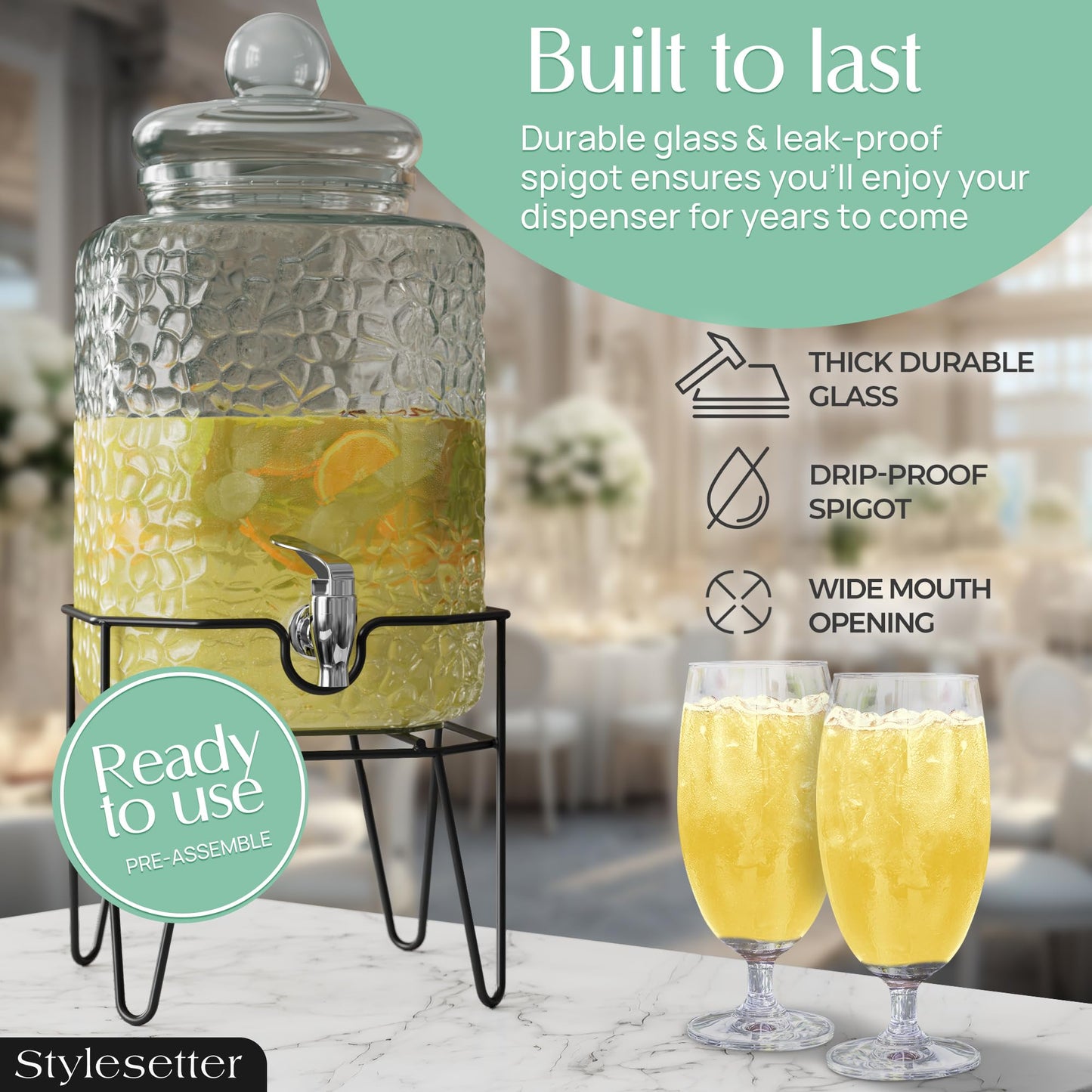Style Setter Premium Glass Drink Dispensers with Metal Stand for Parties – Beverage Dispenser Set for Cold Drinks, Lemonade, Cocktails, Juice – Party Glass Drink Dispenser Station, Set of 1-1.5 Gal