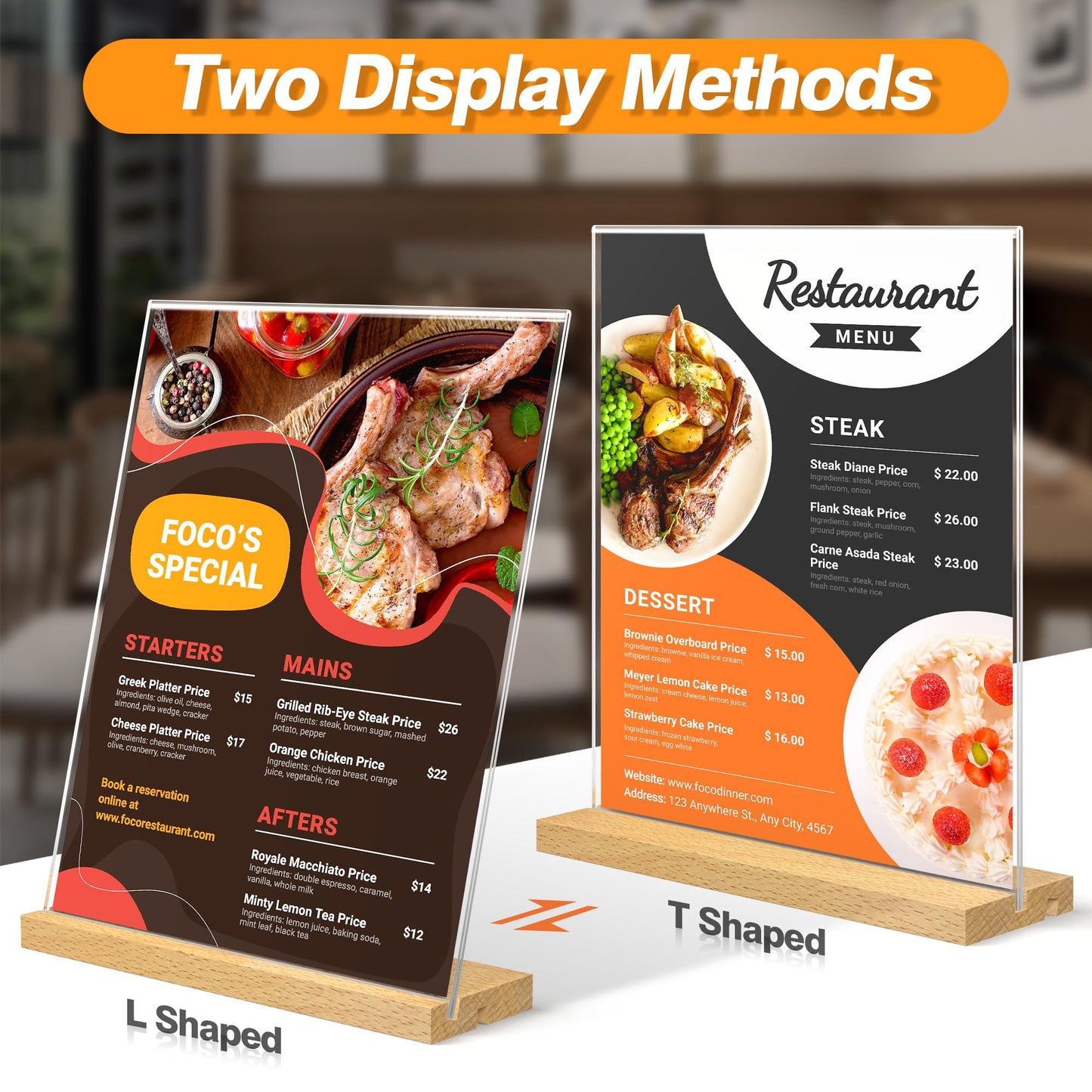 SVOPY 8.5 x 11 Acrylic Sign Holder with Wood Base - Tabletop Display Menu Stand - Clear Plastic L/T Shape Vertical or Slant Back Paper Holders - 6 pack