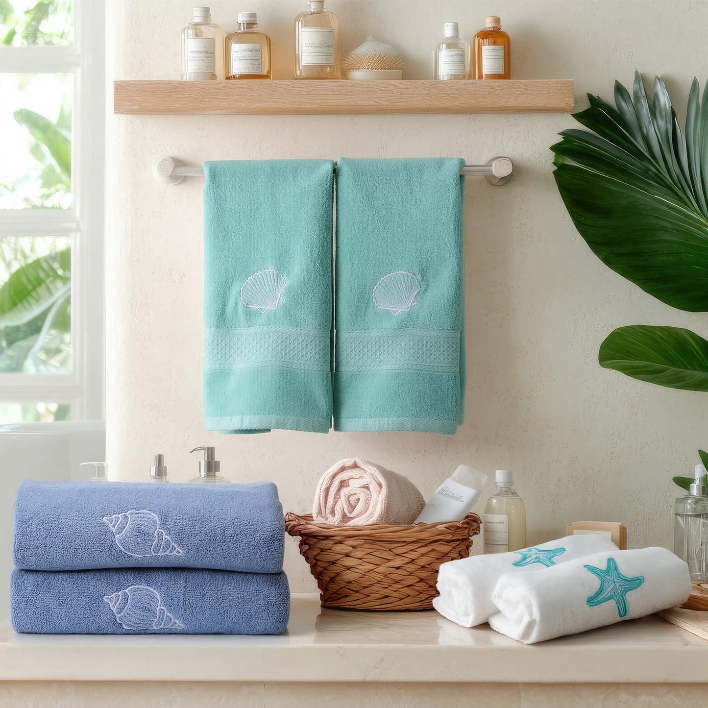 Lumina Garden 6 Pcs Coastal Ocean Beach Hand Towel Set 2 Bath Towels, 2 Hand Towels, 2 Washcloths with Conch Shell Starfish Design Decorative Summer Embroidered Towel for Bathroom Shower Kitchen