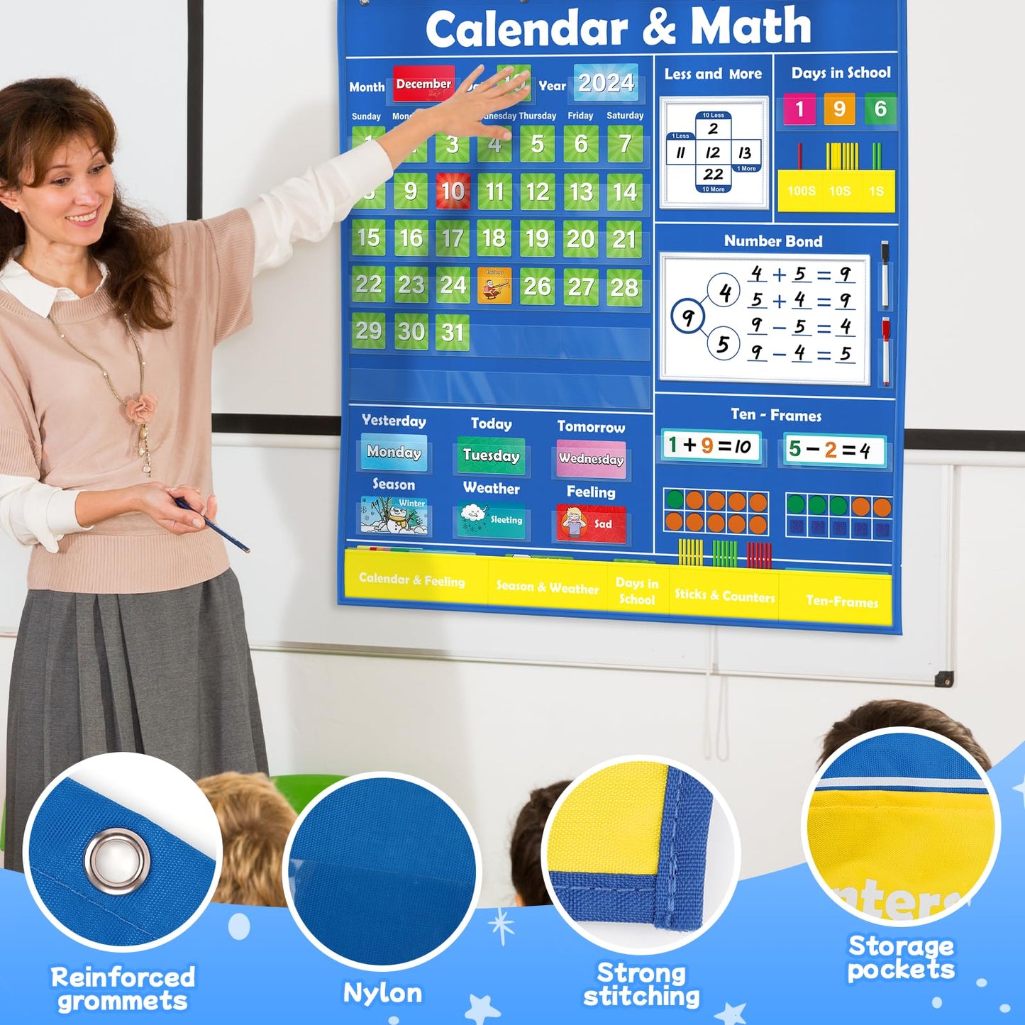 SkilLify Circle Time Calendar Pocket Chart for Classroom, Kids Learning Center with Weather Seasons Emotions & Math Activities, Addition Subtraction Manipulatives, Preschool Homeschool Supplies
