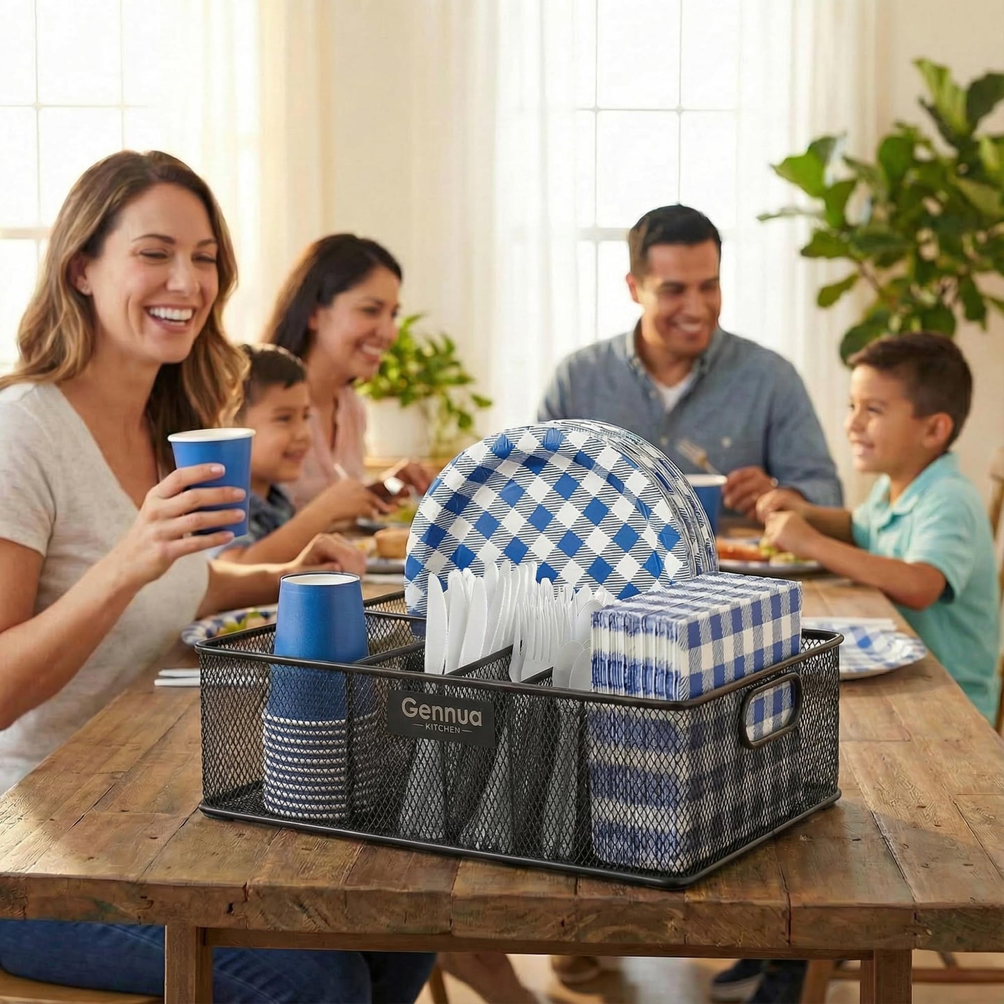 Gennua Kitchen Paper Plate Organizer for Cabinet, Counter, Picnics, Parties & More, Extra Large Utensil Caddy Crafted of Thick Iron Mesh With 6 Compartments for Paper Plates & Plastic Silverware