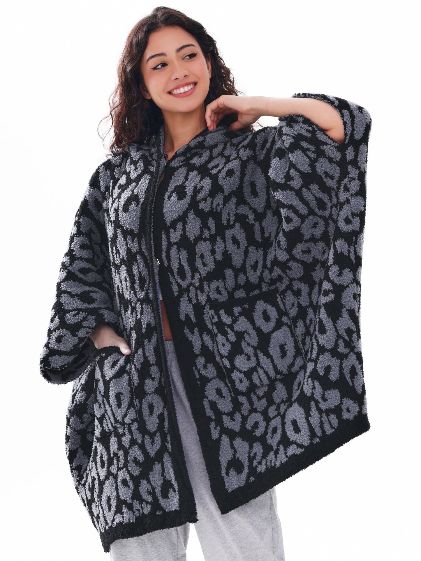 WDCOZY Wearable Blanket Hoodie Poncho Throw Comfy Soft Warm Cape Shawl Cozy Cloak Wrap Hooded with Sleeves For Adults Leopard