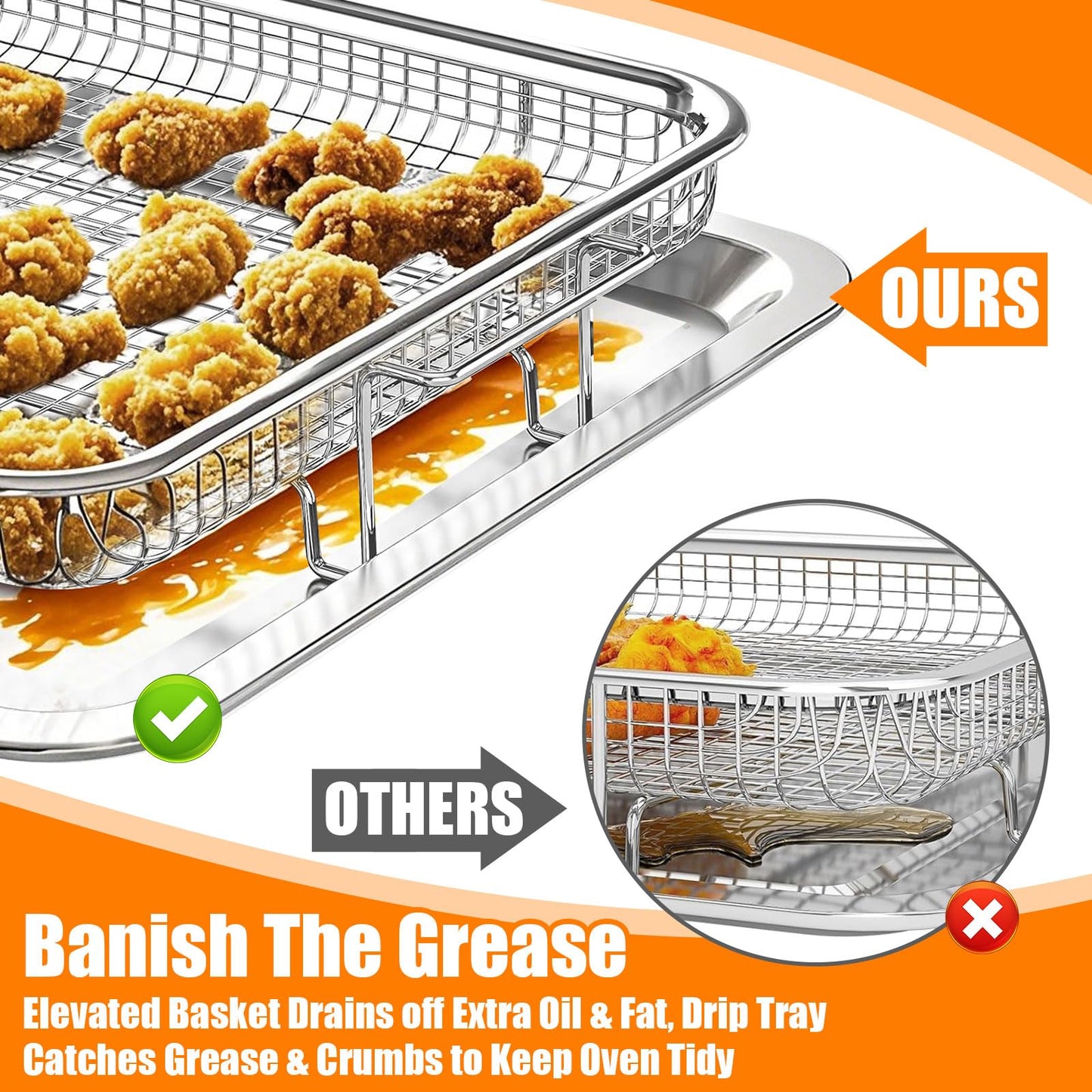 Foedo 18.7" X 12.8" Oven Air Fryer Basket and Tray, Extra Large Stainless Steel Air Fryer Basket with 100 PCS Parchment Papers, Dishwasher Safe & Rustproof