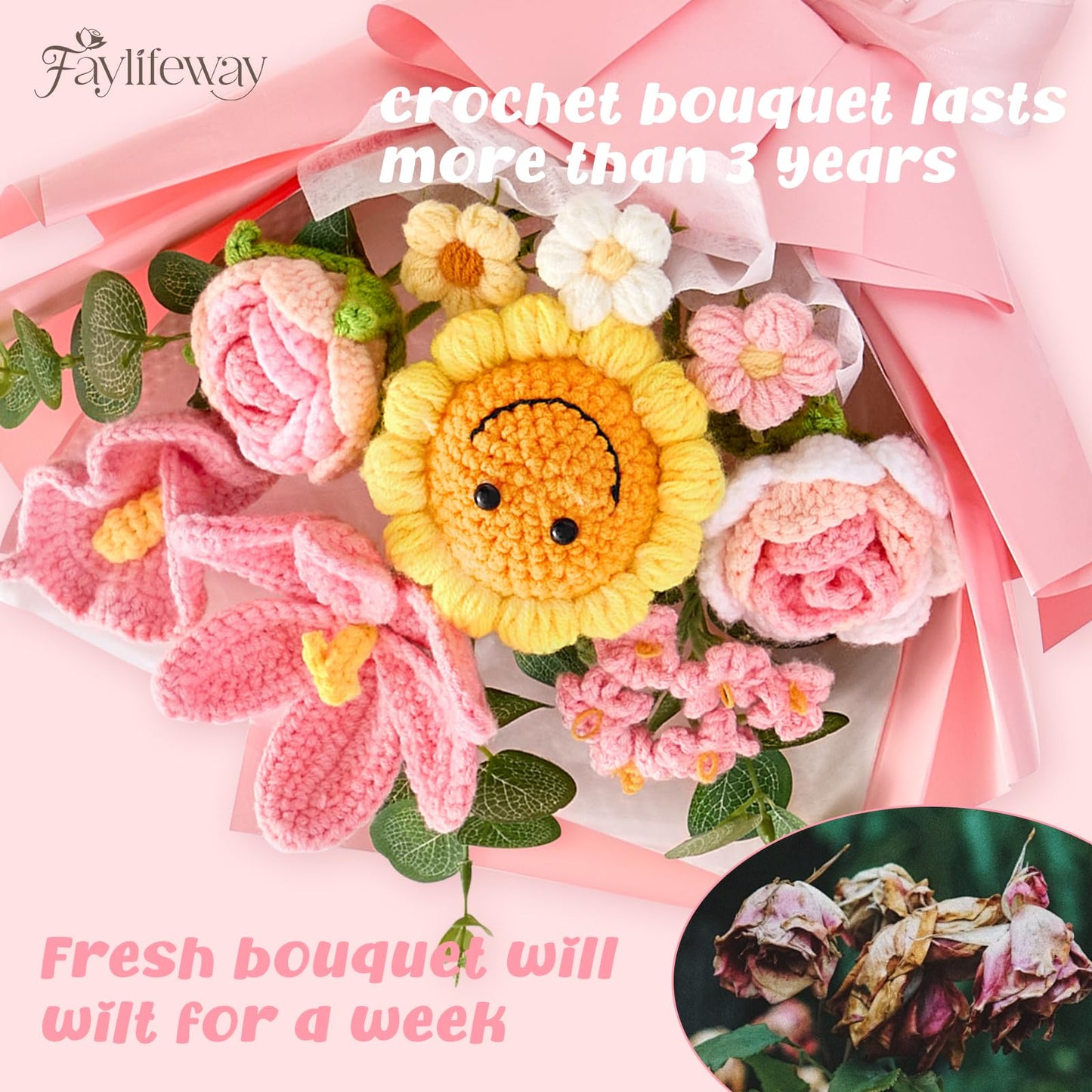 Faylifeway Crochet Flower Bouquet,Handmade Knitted Flowers,Pink Crochet Sunflower Bouquet,Unique Gift for Her Mom Wife Women, Mothers Day Birthday Anniversary Graduation Gifts(Include Card)