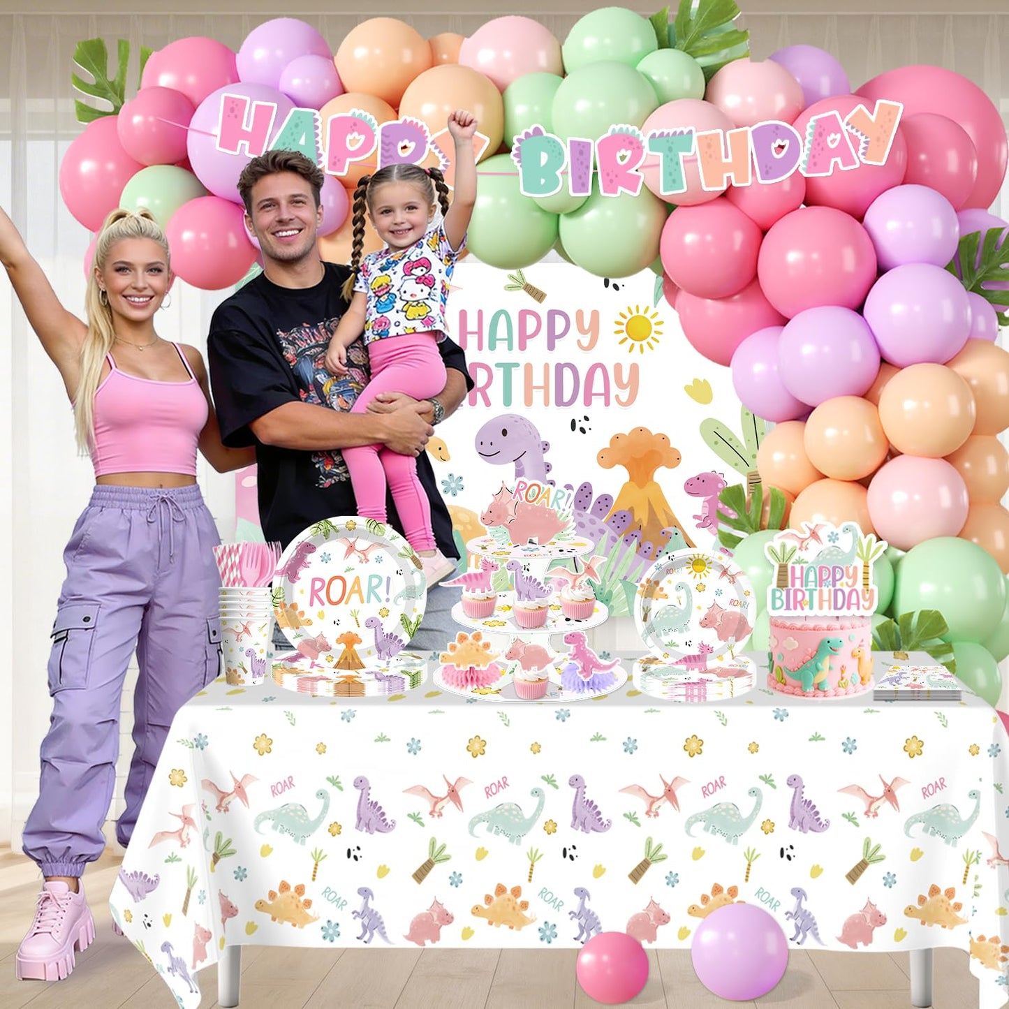 Fexivo 293pcs Pink Dinosaur Birthday Decorations for Girl, Worry-free One-stop Set for 25 Guests, with Dinosaur Balloon Arch, Plates and Dino Cupcake Stand, Easy Setup for Dinosaur-Themed Party