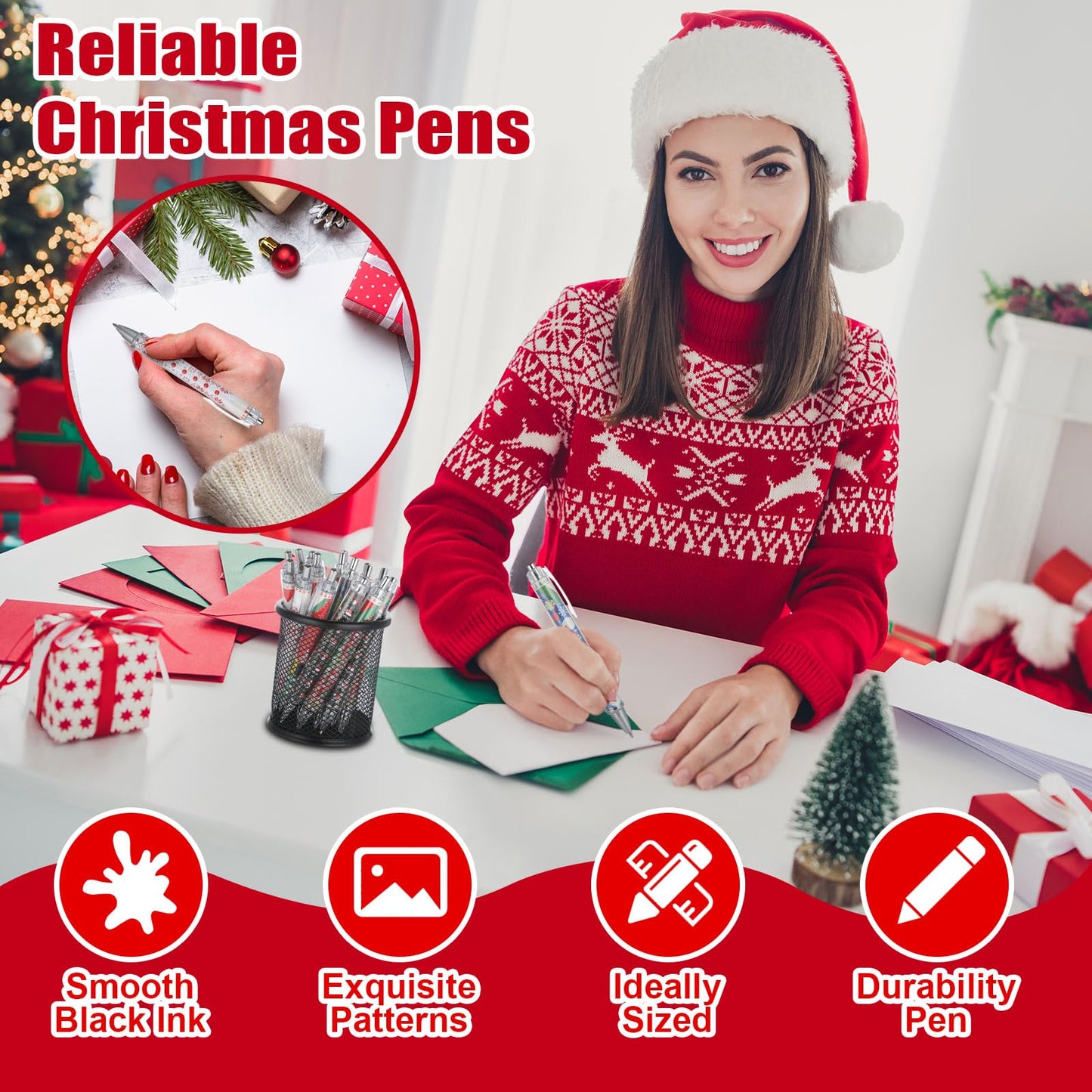 Resurhang 150 Pcs Christmas Ballpoint Pens Bulk Holiday Novelty Pens 0.5 mm Ugly Sweater Retractable Black Ink Decorative Stationery for Office School Party Favor Supplies Women Gift
