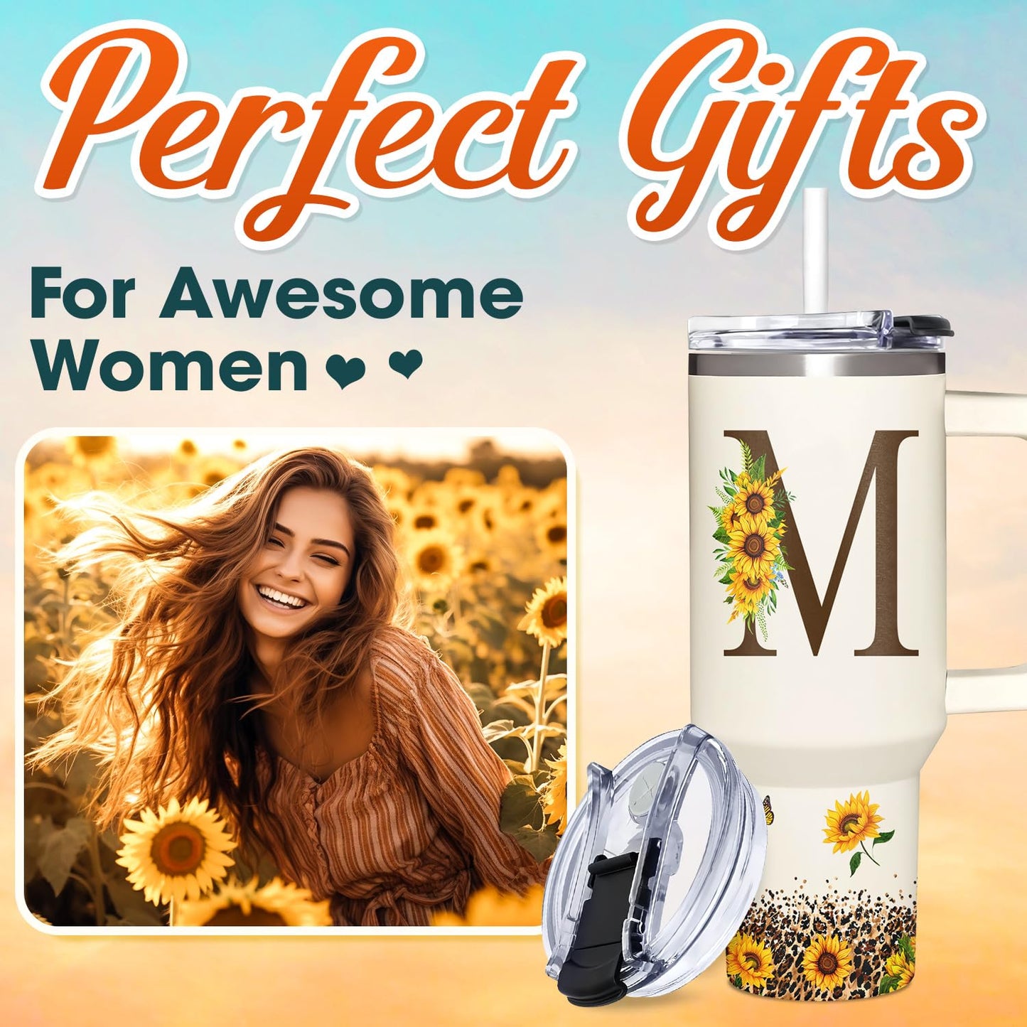 SUFAVN Personalized Mothers Day Gifts - Sunflower Gift For Women - Mothers Day Gifts For Sister, Daughter, Wife, Grandma - Mothers Day, Birthday Gifts For Mom, Her, Friend - Monogrammed Tumbler 40oz
