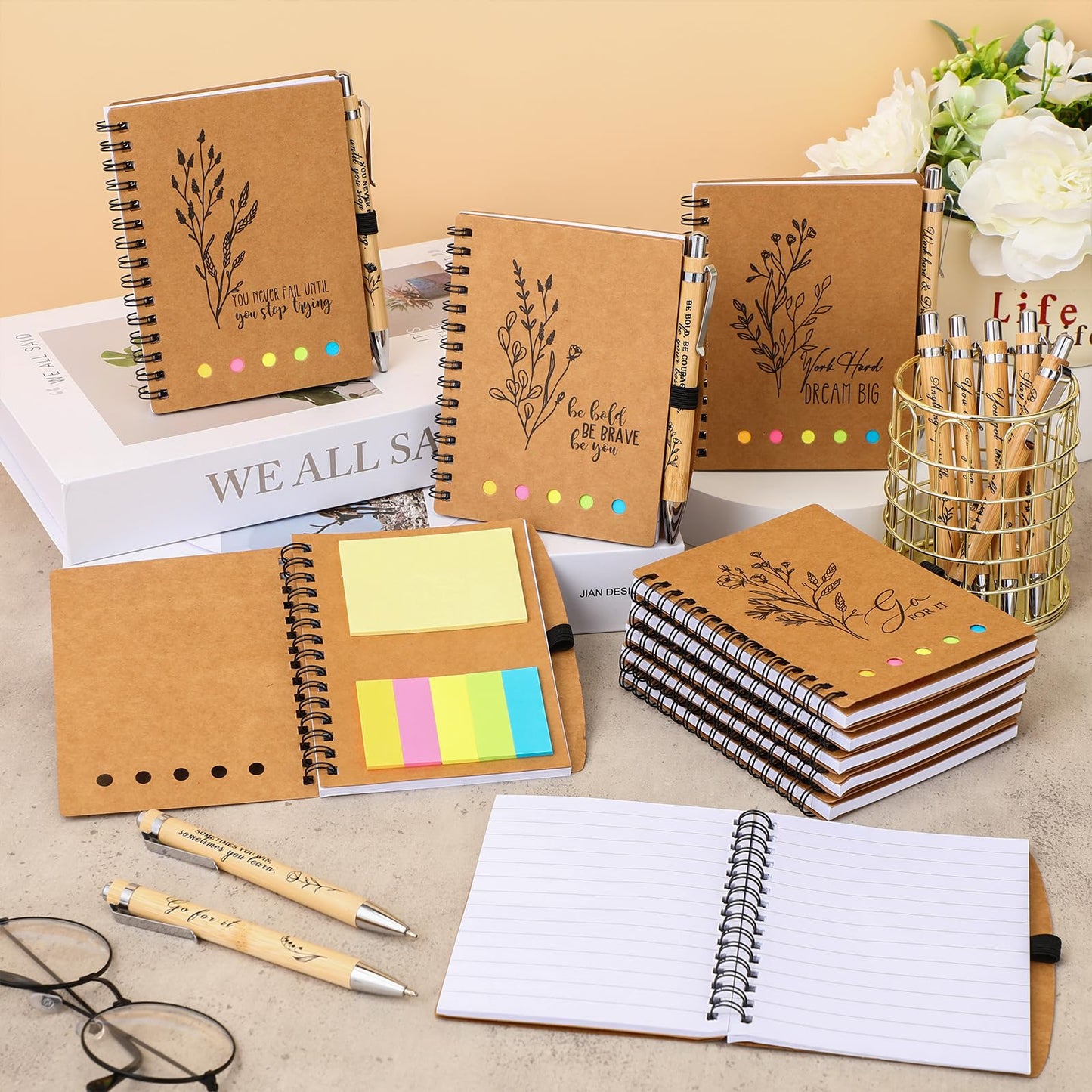 Watersay 20 Set End of Year Gifts for Teacher Students Bulk Inspirational Notebooks with Thank You Pens Employee Coworkers Staff Appreciation Gifts Volunteer Women Men (Boho Froal)