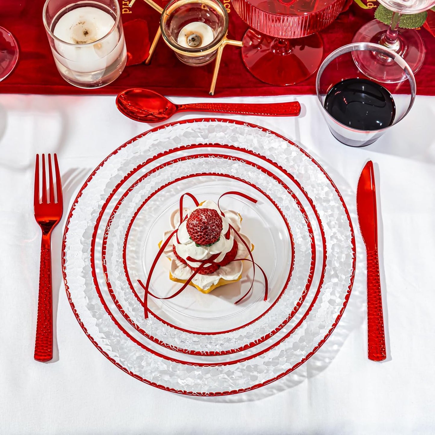Ciaell 350 PCS Clear and Red Plastic Plates – Red Dinnerware Set for 50 Guests Include 100 Plastic Plates, 50 Pre Rolled Napkins with Cutlery Set, 50 Cups for Wedding & Party