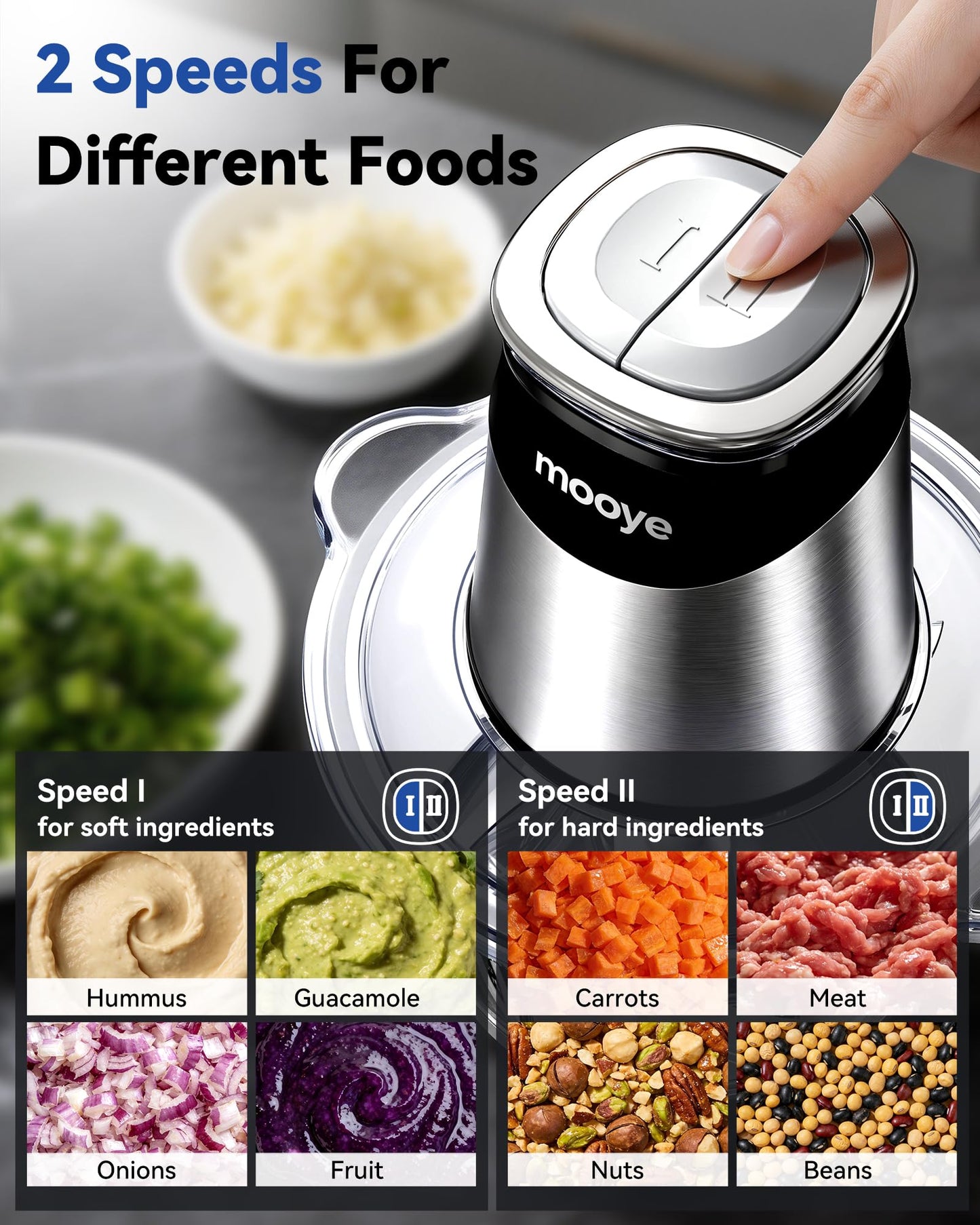 Mooye Food Processors Electric Food Chopper with Meat Grinder & Vegetable Chopper - 3 Bowls(8Cup+8Cup+3Cup) with Powerful Copper Motor - Includes 3 Sets of Bi-Level Blades for Fruits/Meat/Nuts