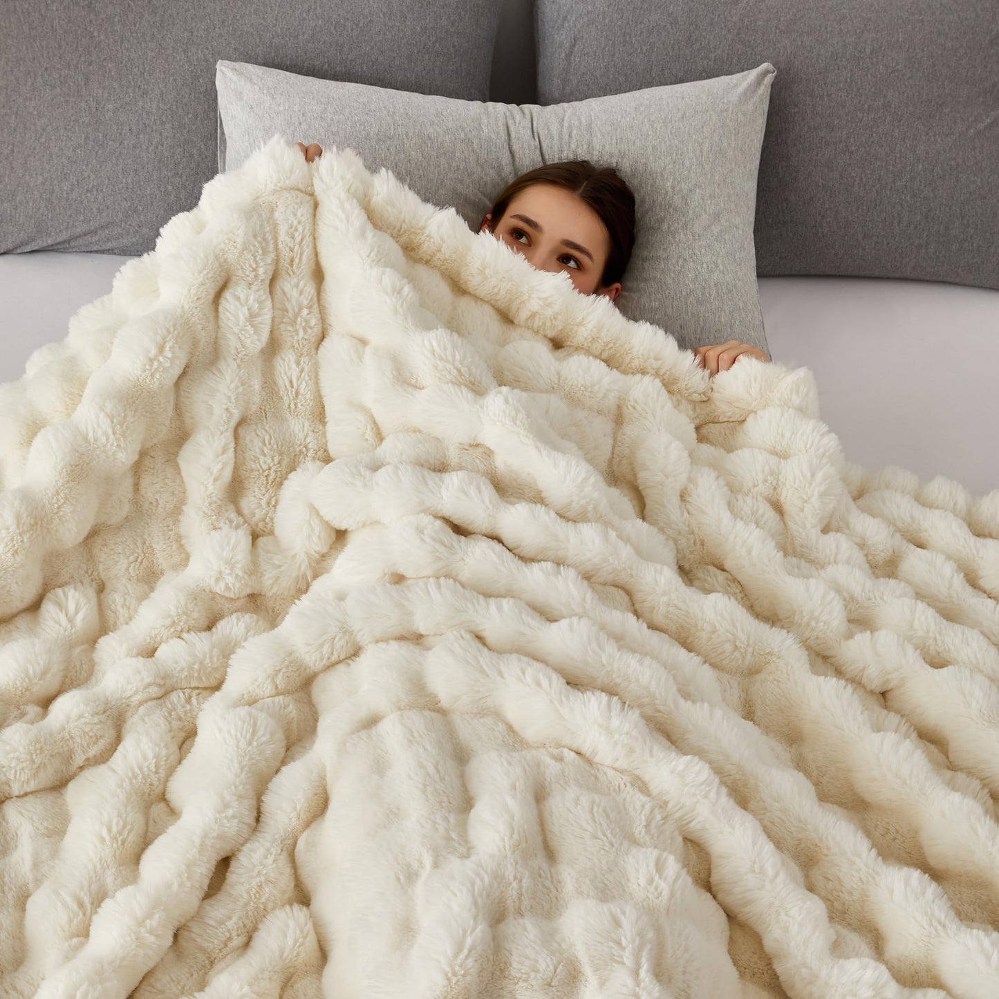 COOVA Faux Fur Throw Blanket for Couch, Cozy Soft and Fuzzy Plush Rabbit Fur Bubble Blanket for Sofa Bedroom Living Room, 50x60 Inches Ivory White