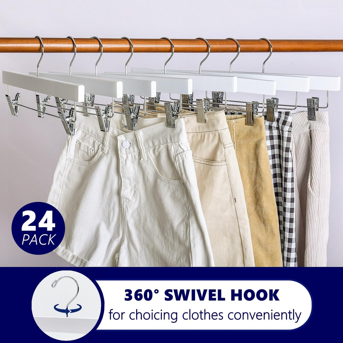 Amber Home 24 Pack White Wooden Pants Hangers with Clips, 14" Wood Skirt & Trousers Hangers, Closet Hangers for Jeans, Slacks, Shorts, with 2-Adjustable Clips (White, 24)