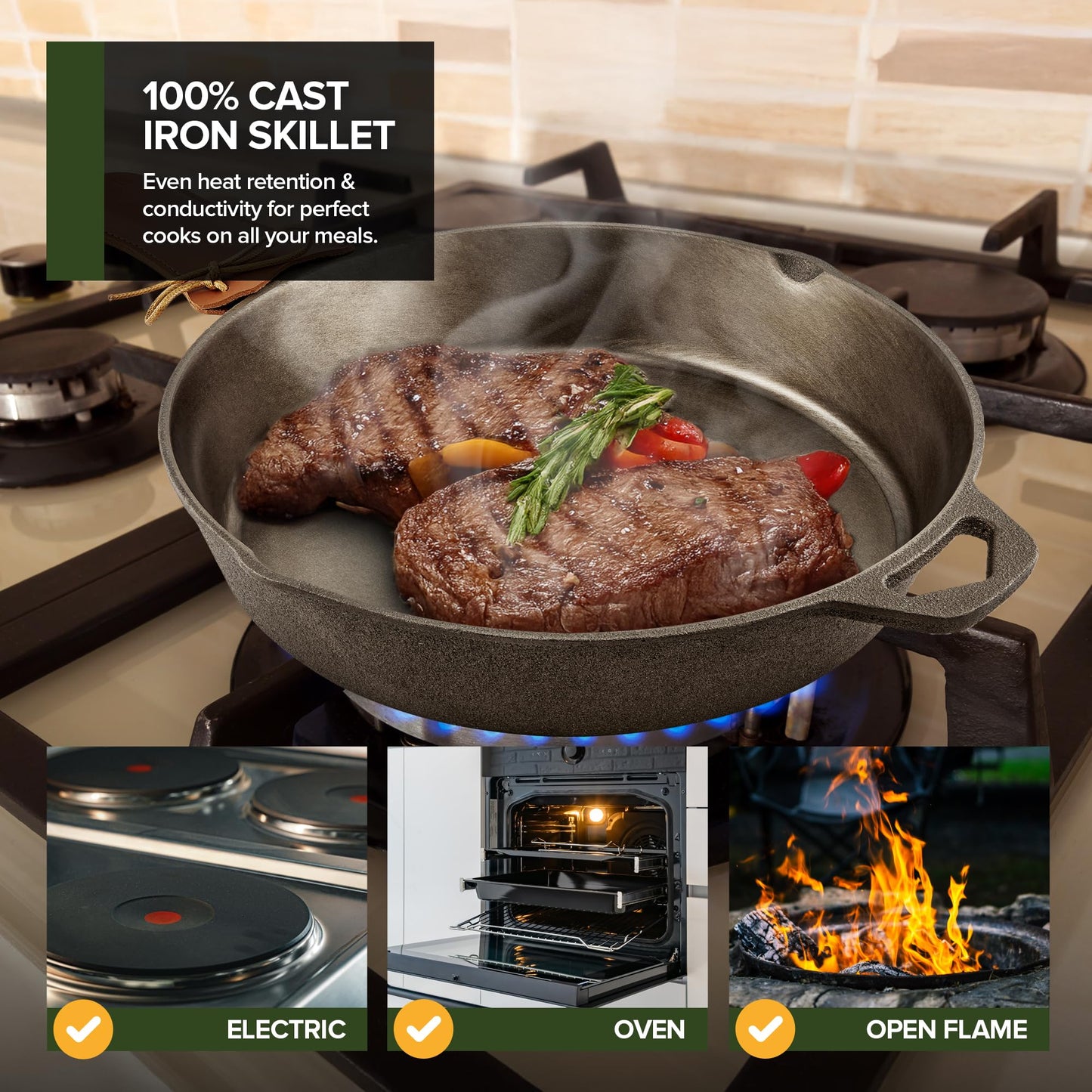 Modern Innovations 10 Inch Cast Iron Skillet, Pre-Seasoned Smooth Polished Surface, Heavy-Duty, Naturally Non-Stick 100% Cast Iron Frying Pan- Saute, Sear & Grill on Campfires, Stoves & Ovens
