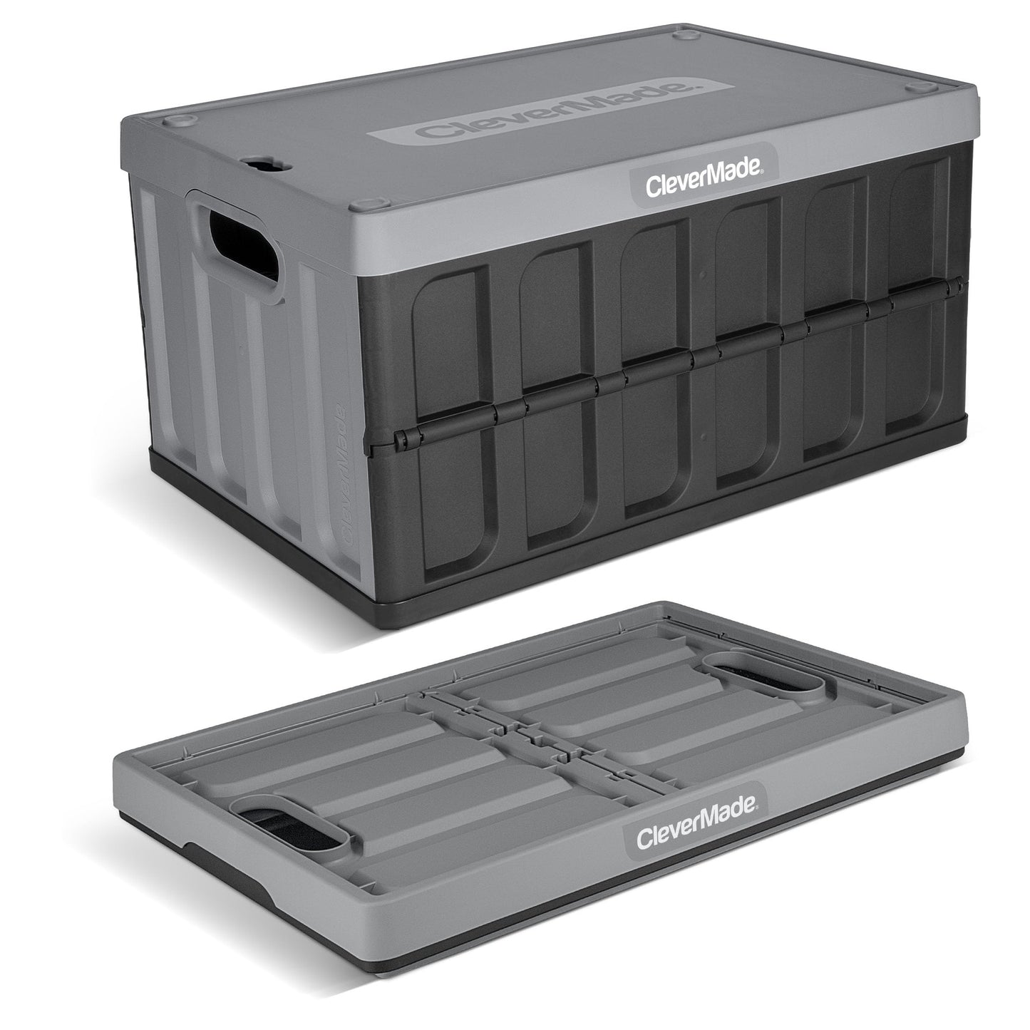 CleverMade Collapsible Storage Bins with Lids, 62L – Heavy Duty Foldable Plastic Storage Crates for Garage, Closet & Trunk Organization - Stone