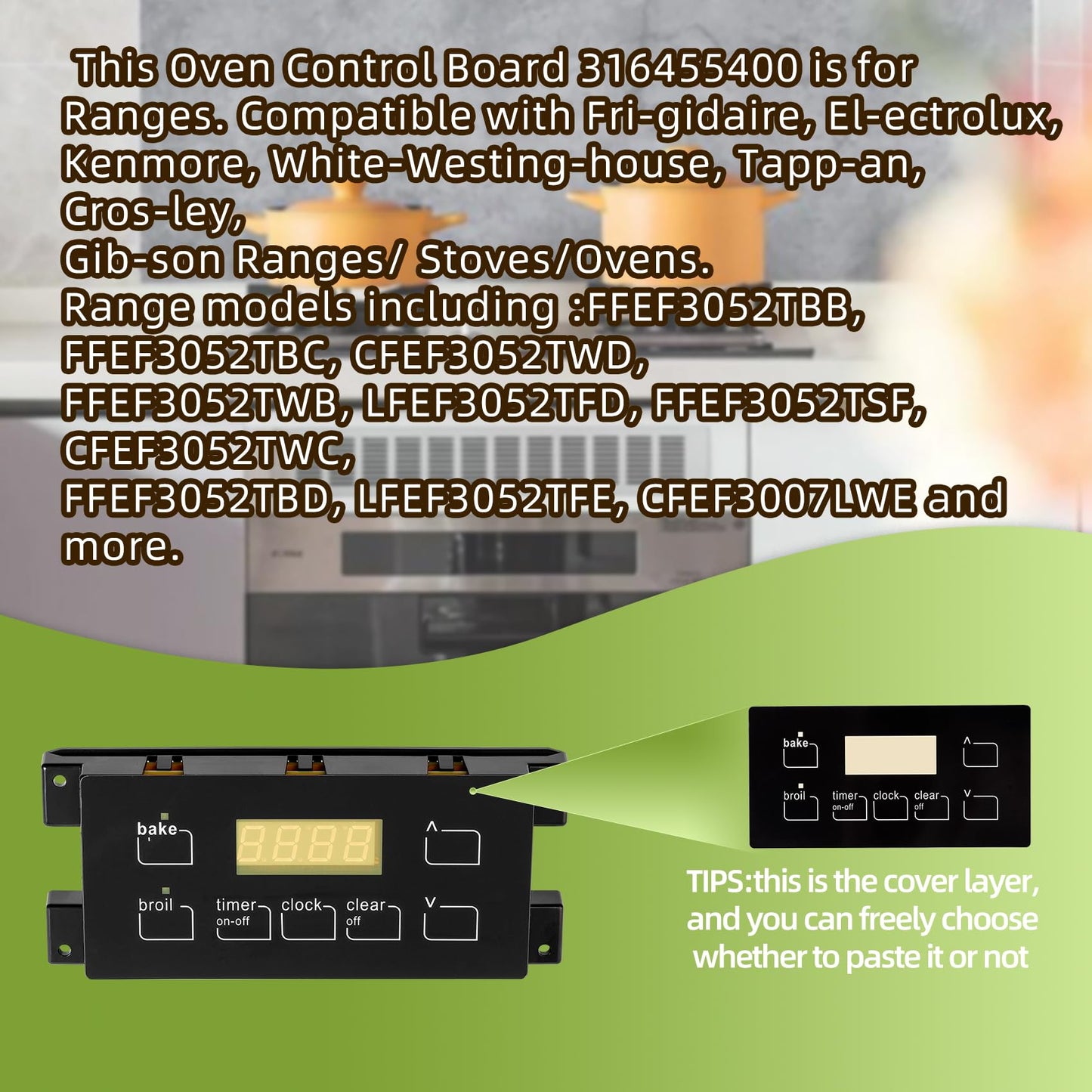 5304518660 316455400 316222801 Range Oven Stove Clock Timer Control Board Replacement Part Compatible for Frigidaire Electrolux Kenmore Electric Range, 7 Button