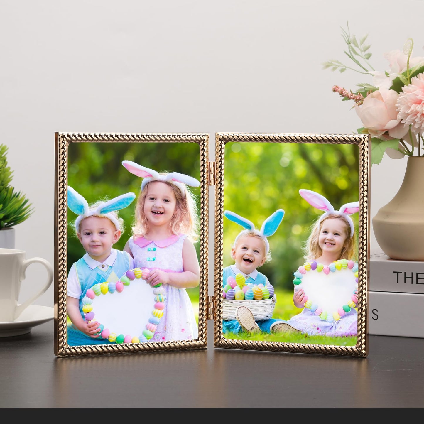 FineLiMoLa 5x7''Double Frames Gold Rope Design Metal Photo Frame with black Velvet Backing and Real Glass Front,5x7'' Hinged Double Picture Frame for Tabletop and Shelf Display